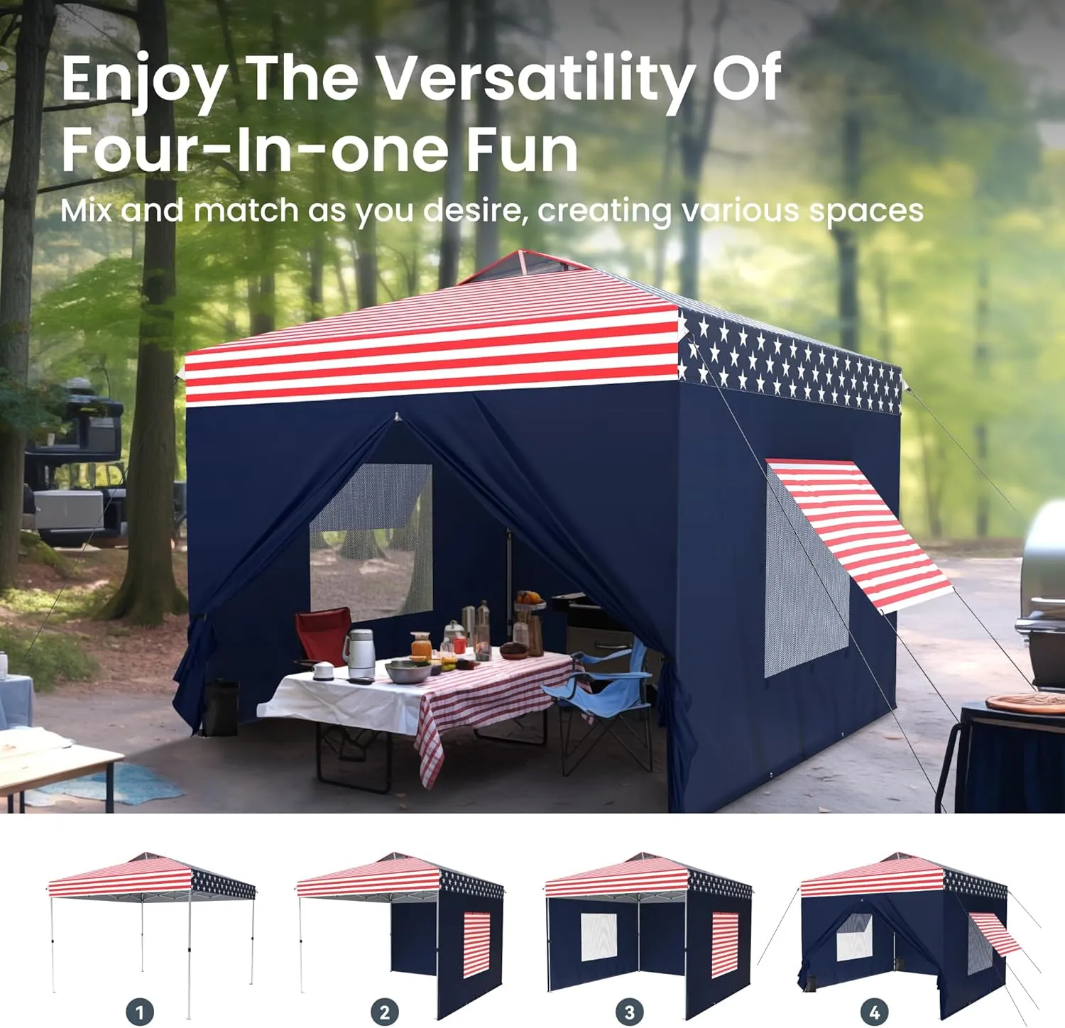 PHI VILLA 10'x10' Pop Up Canopy Tent with Sidewalls - Easy Up Tent with Mesh Windows for Ventilation, Waterproof Design - Ideal for Parties, Beach, and Outdoor Events (American Flag)