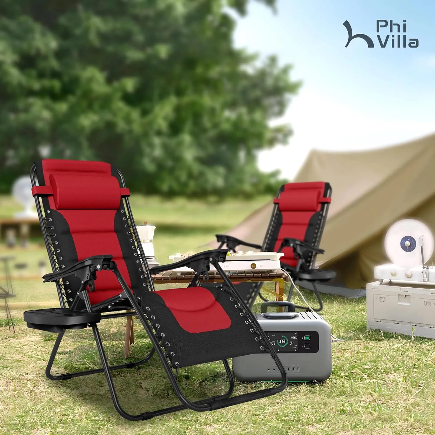 PHI VILLA Outdoor Patio Padded Zero Gravity Chair, Foldable Patio Recliner, 26" Wide Seat Anti Gravity Lounger with Cup Holder, Set of 2, Support 350 LBS (Red)
