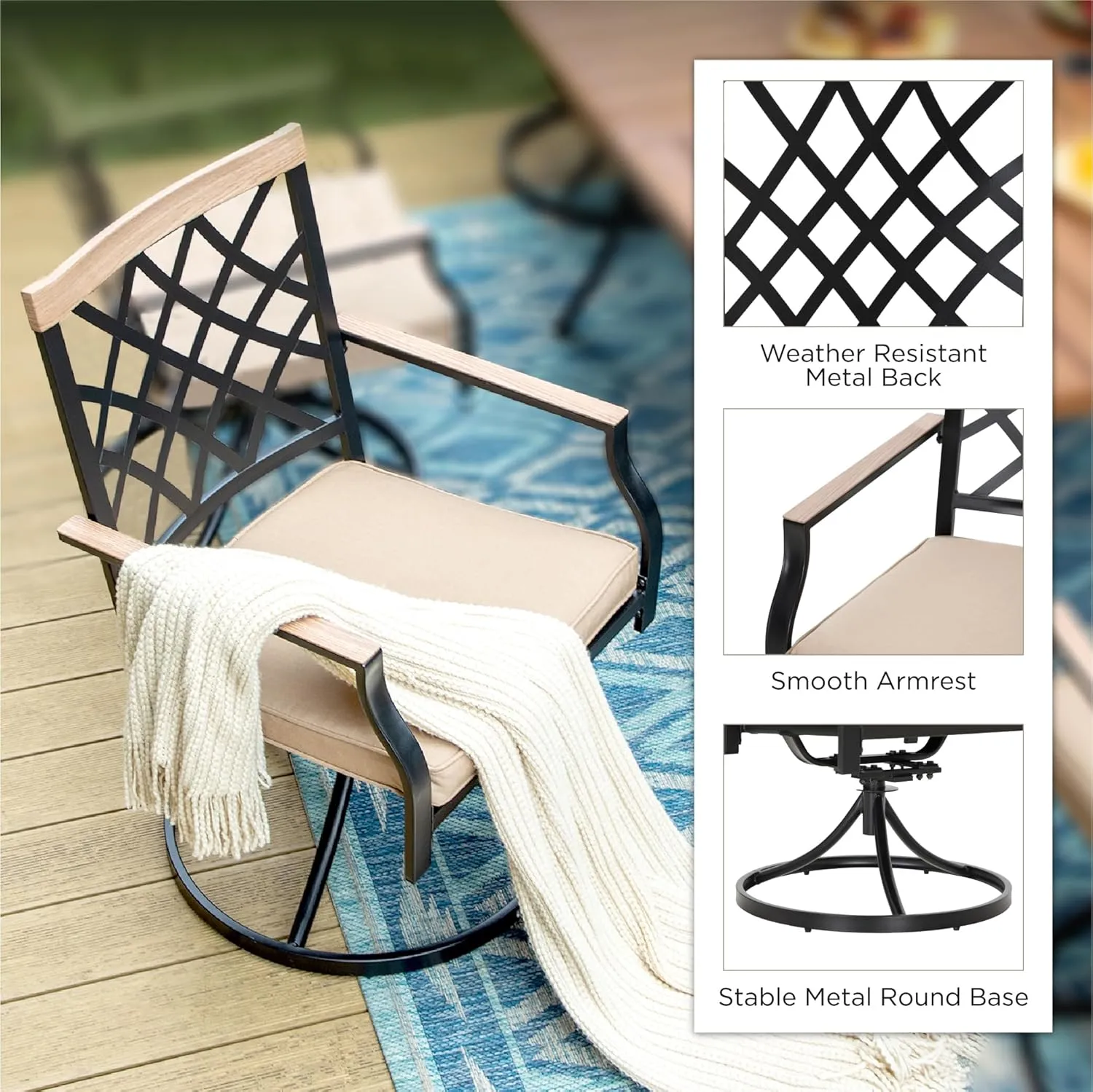 PHI VILLA Swivel Patio Chairs Set of 2 Outdoor Dining Rocker Chair Support 300 lbs for Garden Backyard Bistro Furniture Set with Cushion, Black