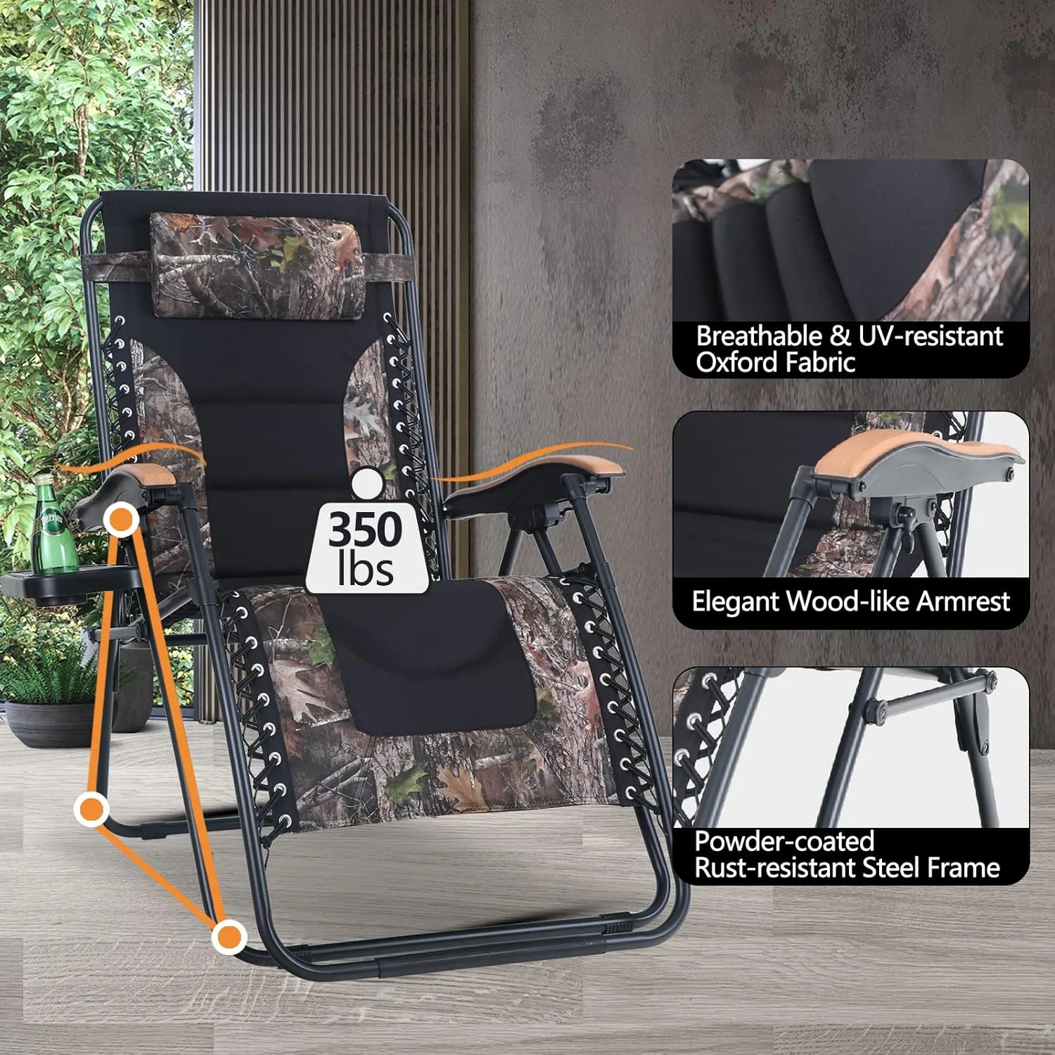 PHI VILLA XL Oversize Zero Gravity Chair Padded Recliner Oversize Lounge Chair with Free Cup Holder,Support 350 LBS (Camouflage)