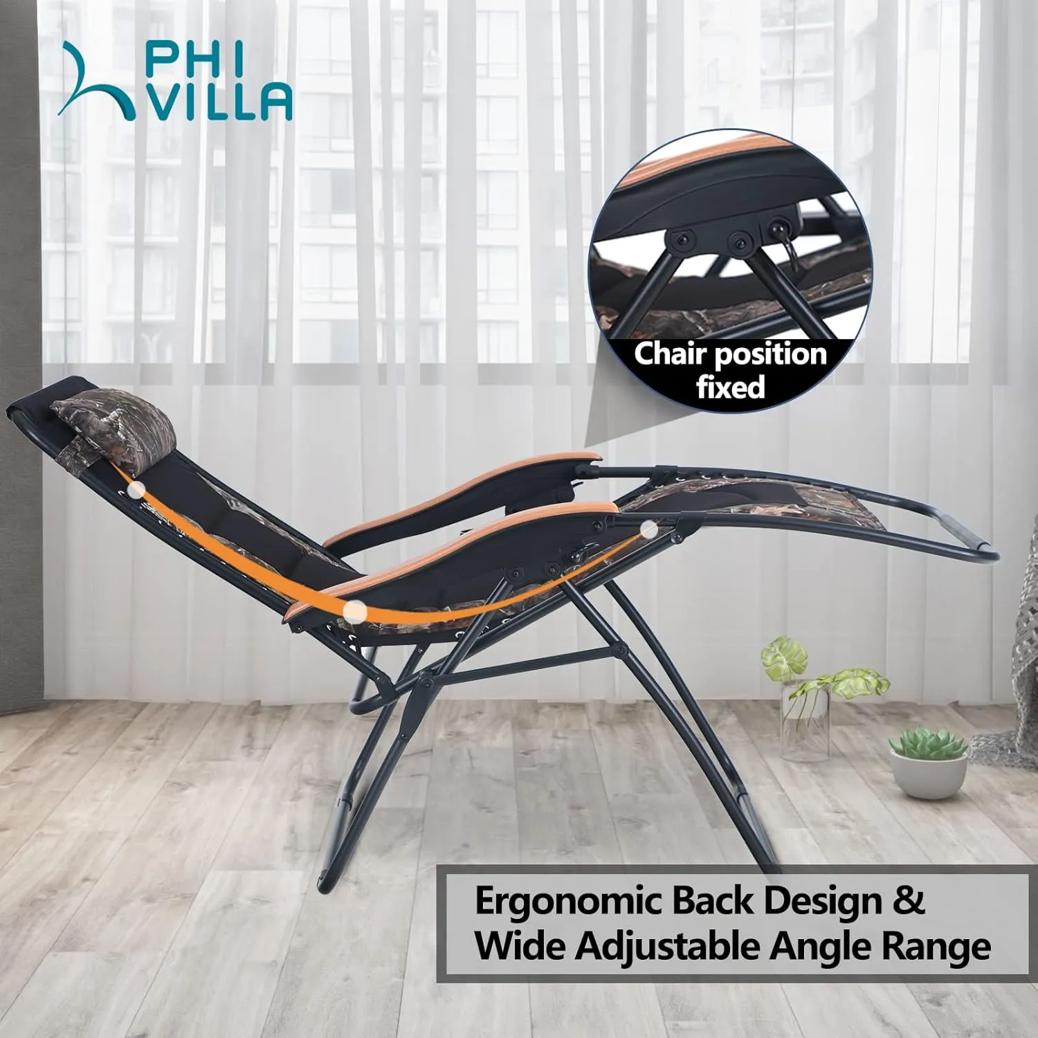 PHI VILLA XL Oversize Zero Gravity Chair Padded Recliner Oversize Lounge Chair with Free Cup Holder,Support 350 LBS (Camouflage)