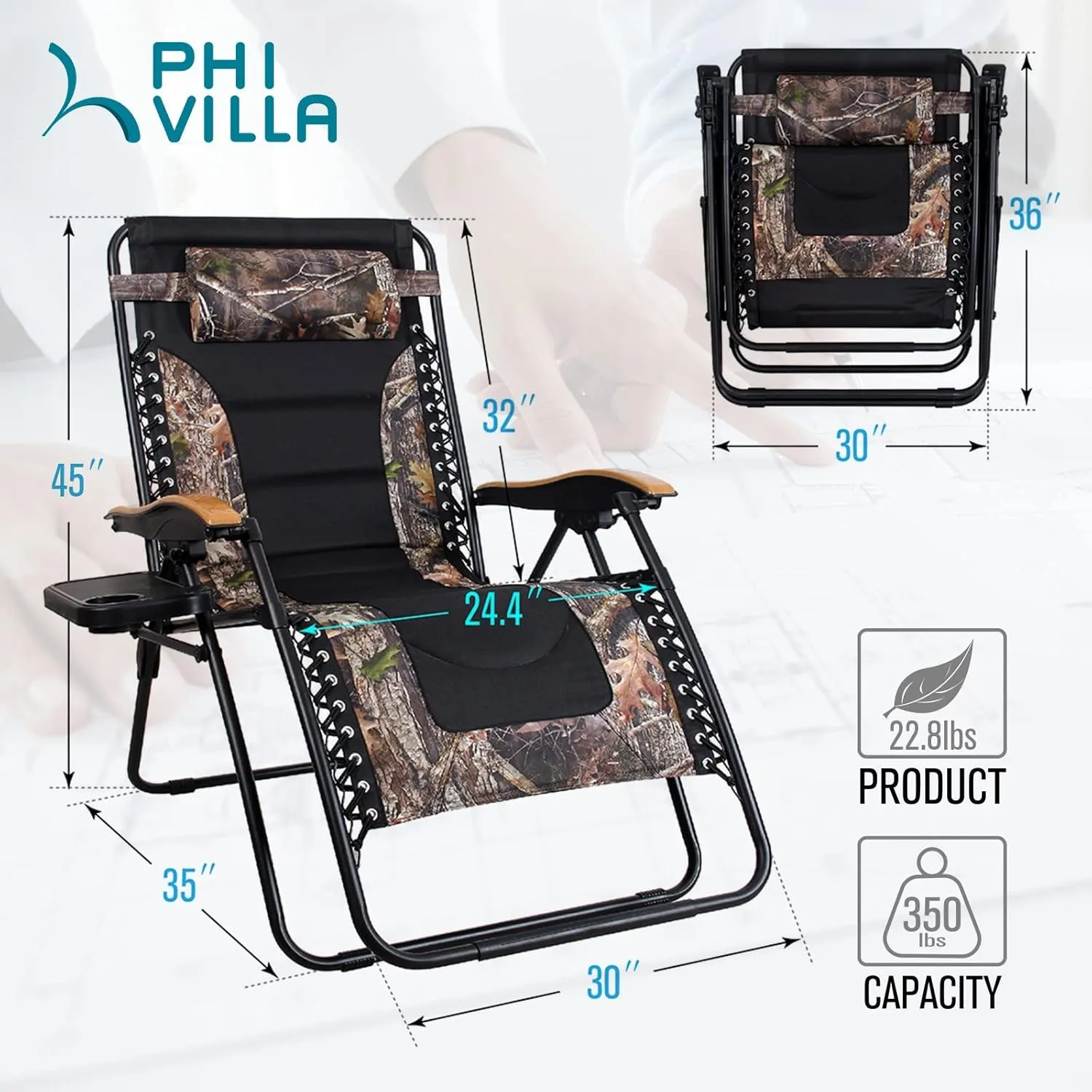 PHI VILLA XL Oversize Zero Gravity Chair Padded Recliner Oversize Lounge Chair with Free Cup Holder,Support 350 LBS (Camouflage)