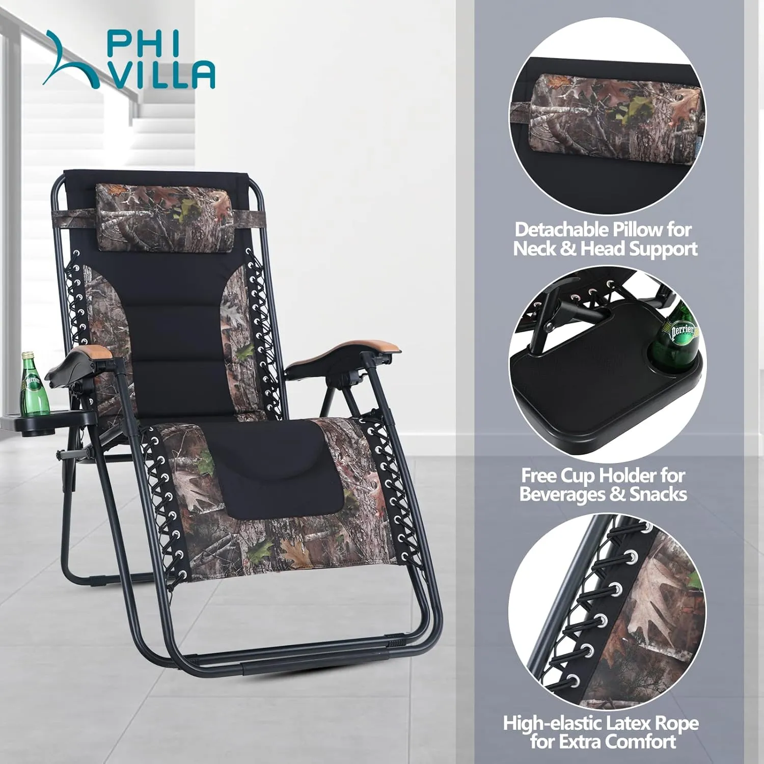 PHI VILLA XL Oversize Zero Gravity Chair Padded Recliner Oversize Lounge Chair with Free Cup Holder,Support 350 LBS (Camouflage)