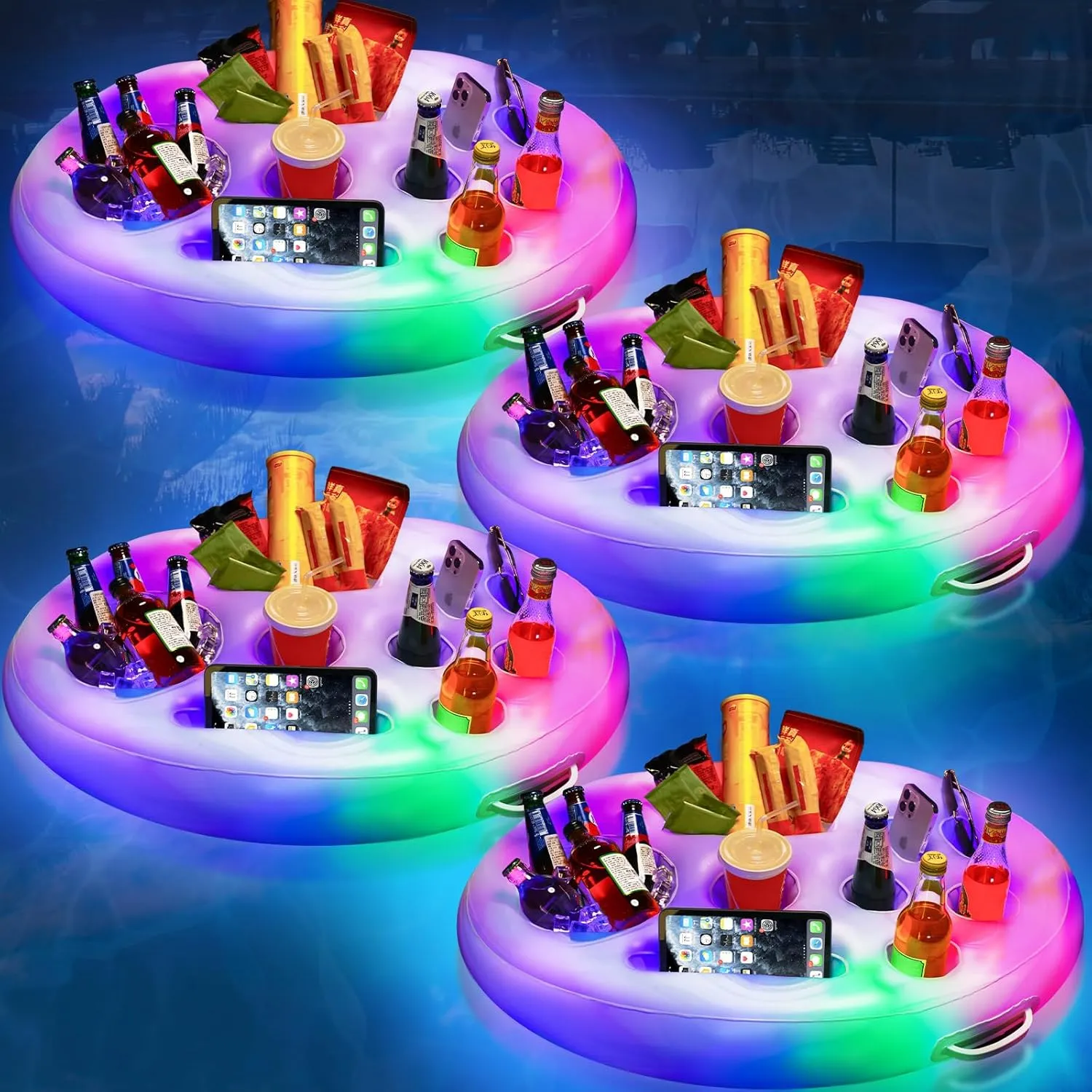 Pickmesh Inflatable Drink Holder with Lights, 21 x 28 Inch LED Color Changing Floating Beverage Fruit Serving Bar, Floating Drink Holder for Pool, Hot Tub Accessories for Adults Party