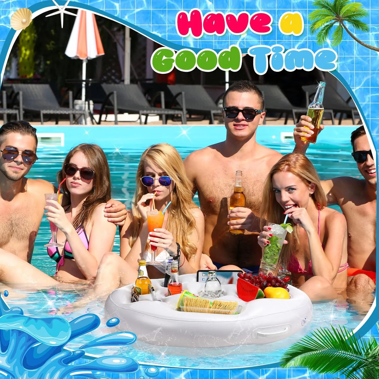 Pickmesh Inflatable Drink Holder with Lights, 21 x 28 Inch LED Color Changing Floating Beverage Fruit Serving Bar, Floating Drink Holder for Pool, Hot Tub Accessories for Adults Party