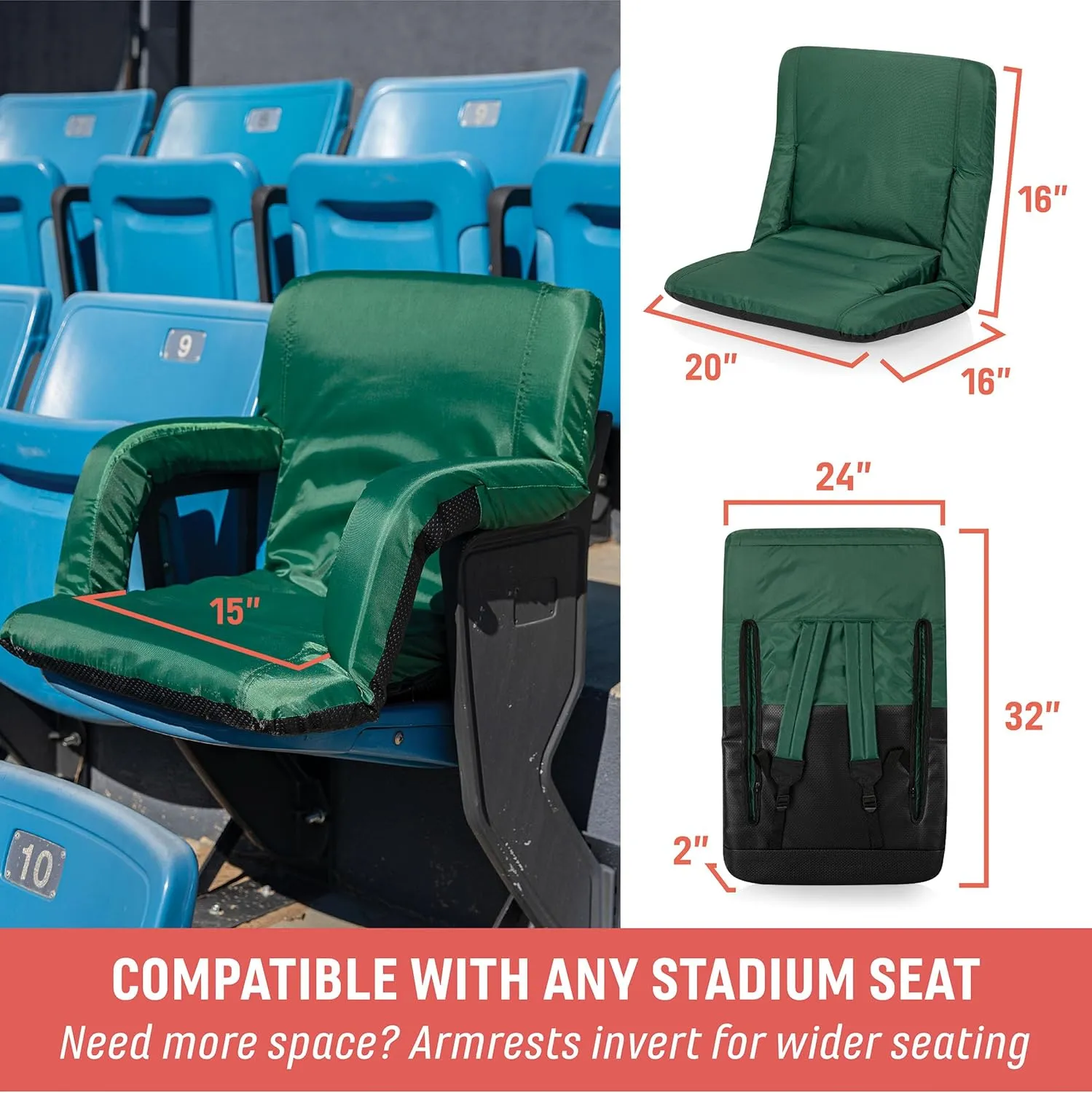 PICNIC TIME ONIVA - a Brand - Ventura Reclining Stadium Seat with Back Support, Bleacher Seat, Beach Floor Chair