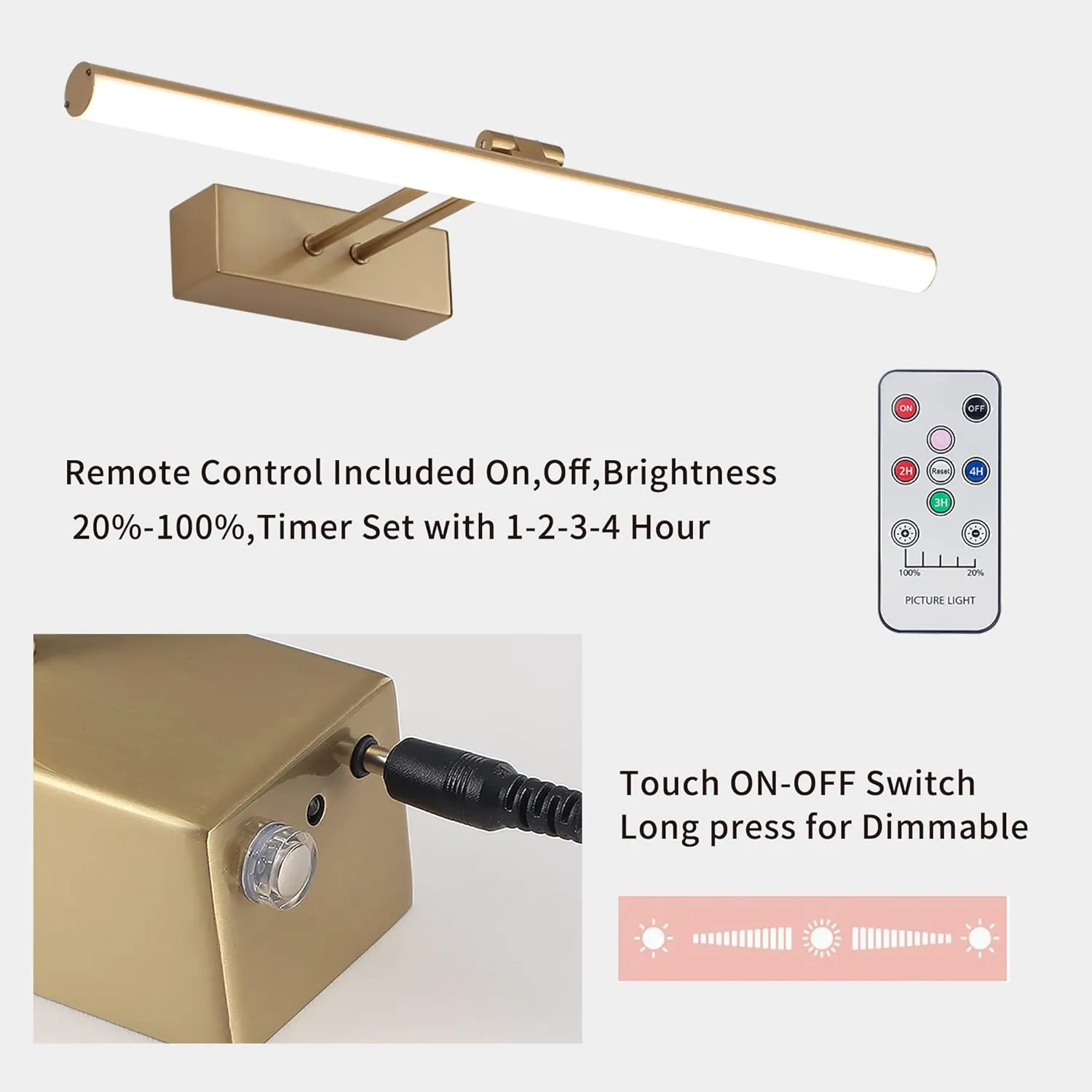 Picture Light,16inches Rechargeable Wireless Picture Light,Dimmable Led Artwork Lighting,Wall Lights for Paintings,Canvas,Gallery, Portrait (Brass)