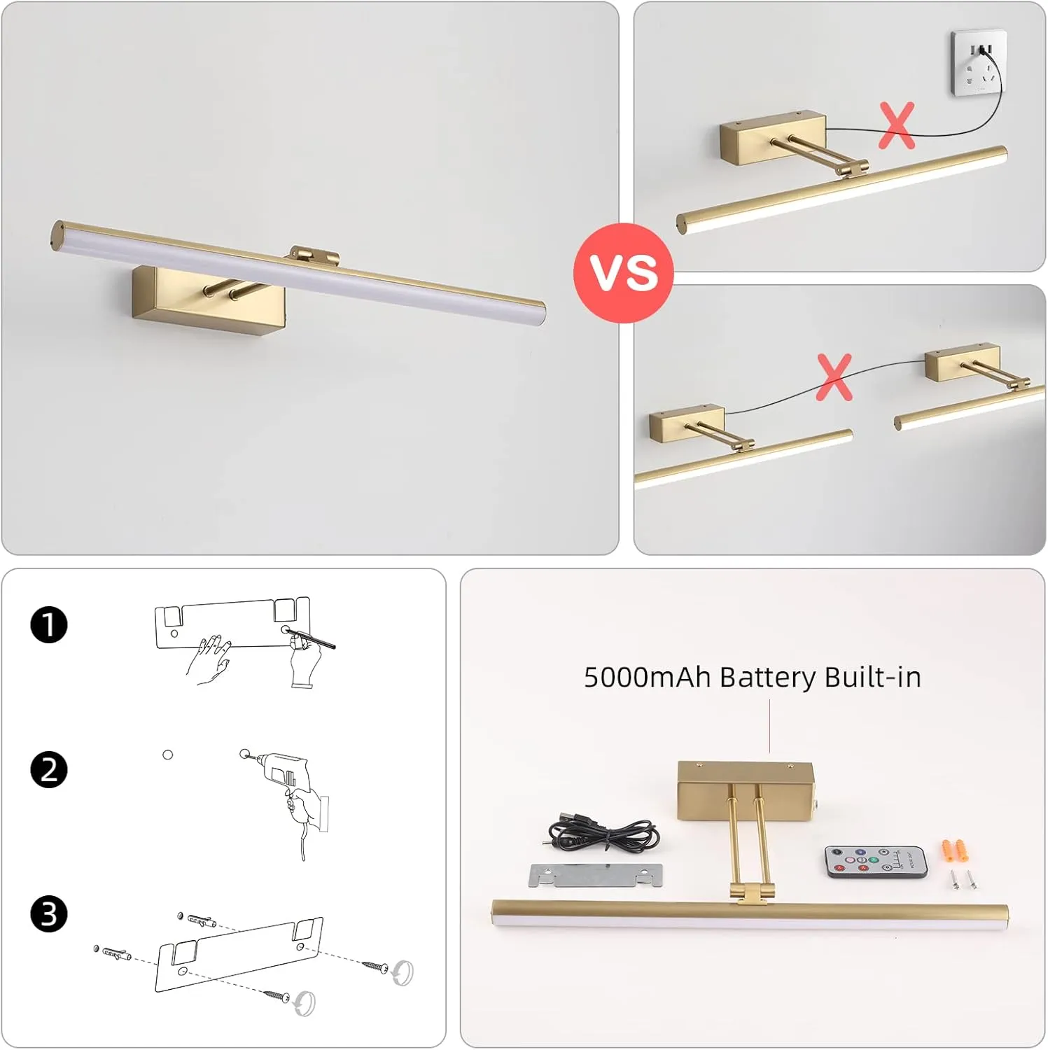 Picture Light,16inches Rechargeable Wireless Picture Light,Dimmable Led Artwork Lighting,Wall Lights for Paintings,Canvas,Gallery, Portrait (Brass)