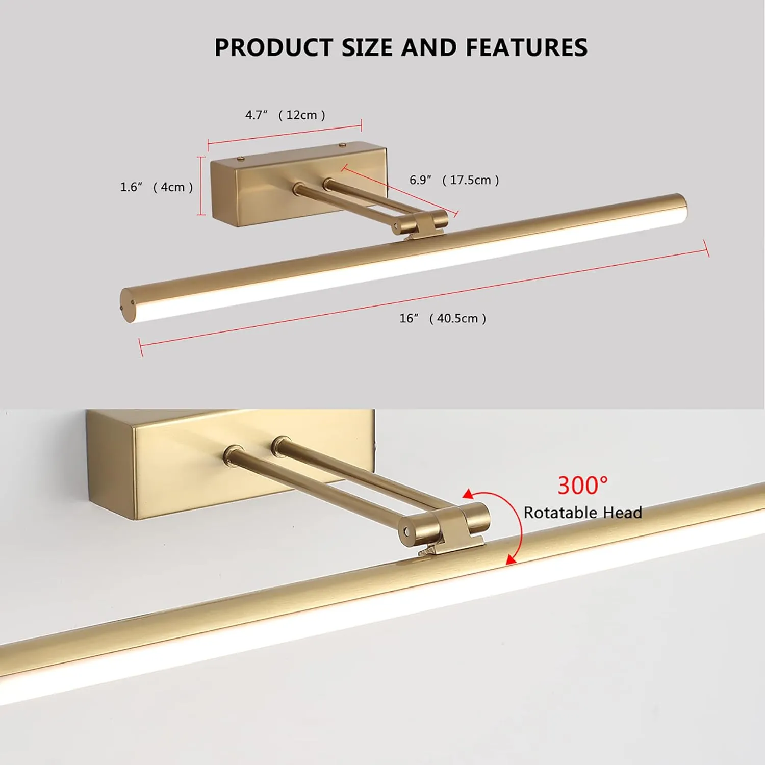 Picture Light,16inches Rechargeable Wireless Picture Light,Dimmable Led Artwork Lighting,Wall Lights for Paintings,Canvas,Gallery, Portrait (Brass)
