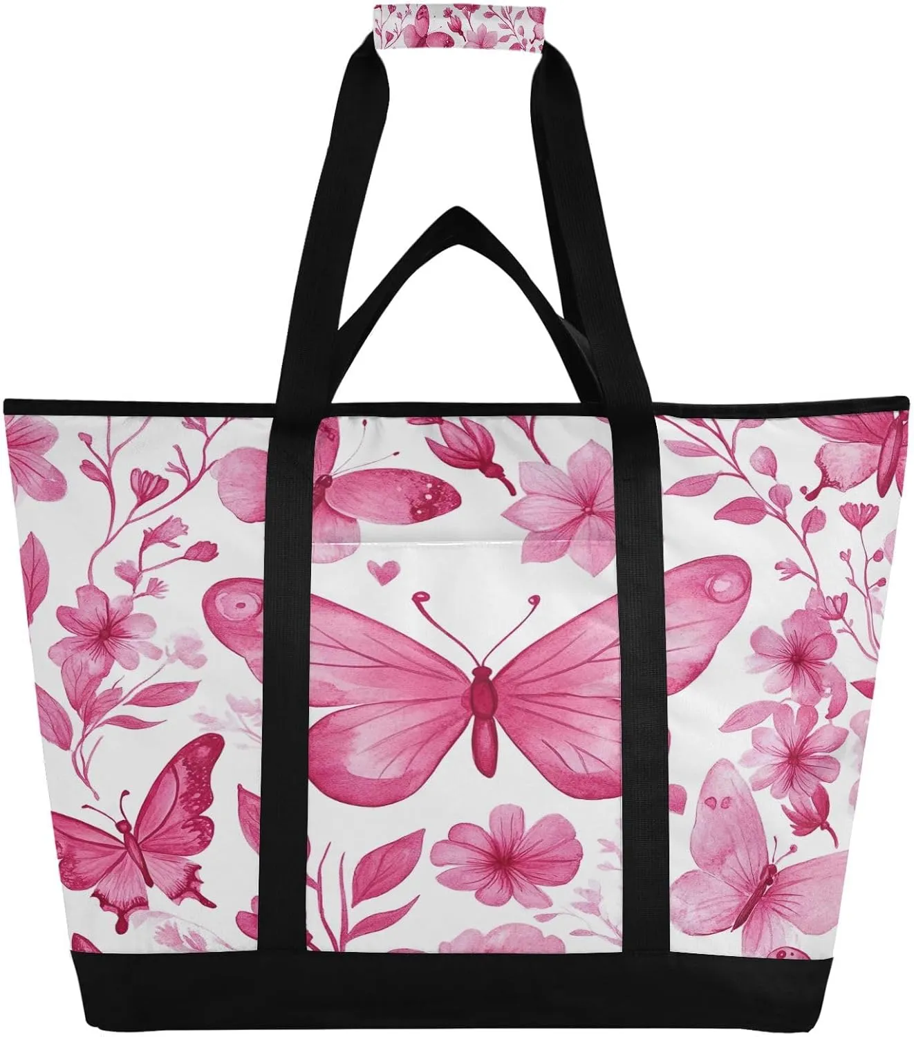Pink Butterfly Reusable Insulated Lunchbox Cooler Bag, Leakproof Kitchen Grocery Bag Collapsible Portable Cooler Tote Bag for Picnic, Camping, Office, Travel