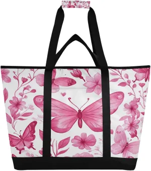 Pink Butterfly Reusable Insulated Lunchbox Cooler Bag, Leakproof Kitchen Grocery Bag Collapsible Portable Cooler Tote Bag for Picnic, Camping, Office, Travel
