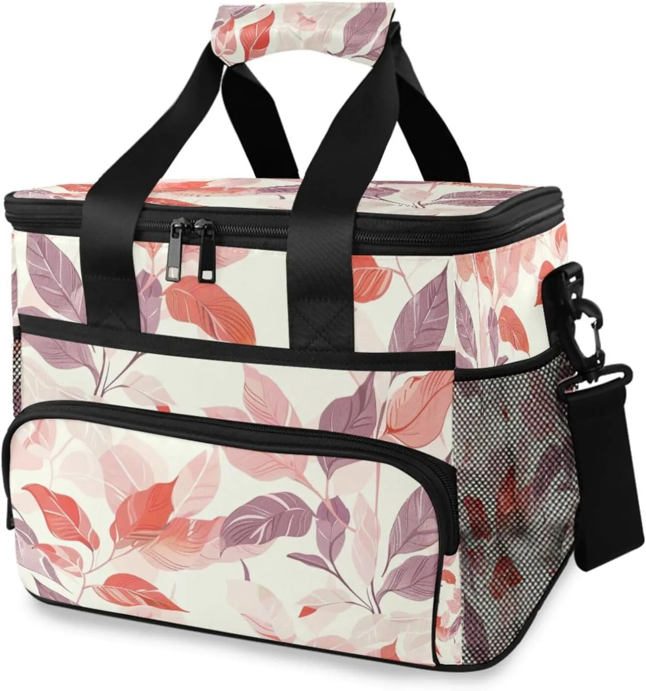 Pink Leaf Watercolor Cooler Bag Insulated Cooler Soft Sided Cooler 24 Can Portable Picnic Bag Large Leakproof Lunch Bag Box for Beach Grocery Camping Travel Car Men Women