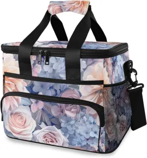 Pink Roses Purple Hydrangeas Flower Cooler Bag Insulated Cooler Soft Sided Cooler 24 Can Portable Picnic Bag Large Leakproof Lunch Bag Box for Beach Grocery Camping Travel Car Men Women