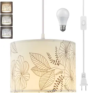 Plug in Pendant Light, 15 FT Hanging Lamp with Plug in Cord, On/Off Switch, Flower Fabric Shade, 3 Color Bulb Hanging Light Fixture for Bedroom, Living Room Dining