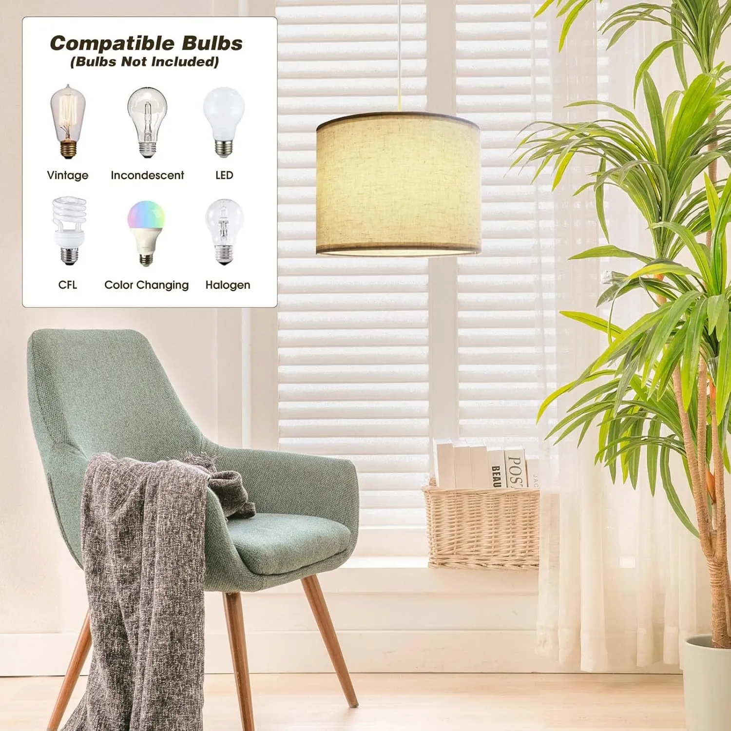 Plug in Pendant Light, 15 FT Hanging Lamp with Plug in Cord, On/Off Switch, Pendant Lighting with Fabric Shade, Hanging Light Fixture for Living Room, Bedroom, Dining Room, Kitchen (Beige)