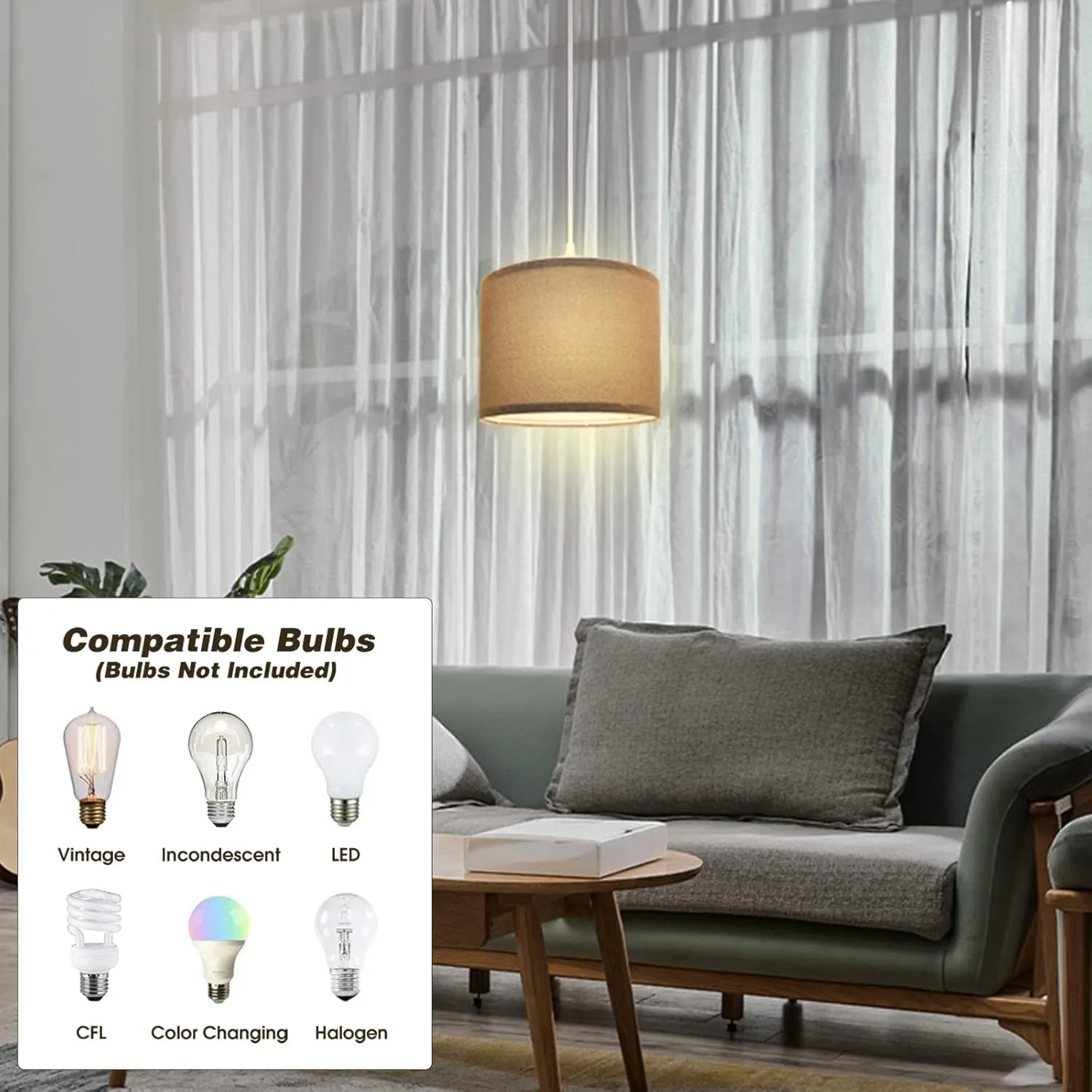 Plug in Pendant Light, 15 FT Hanging Lamp with Plug in Cord, On/Off Switch, Pendant Lighting with Fabric Shade, Hanging Light Fixture for Living Room, Bedroom, Dining Room, Kitchen (Gray)