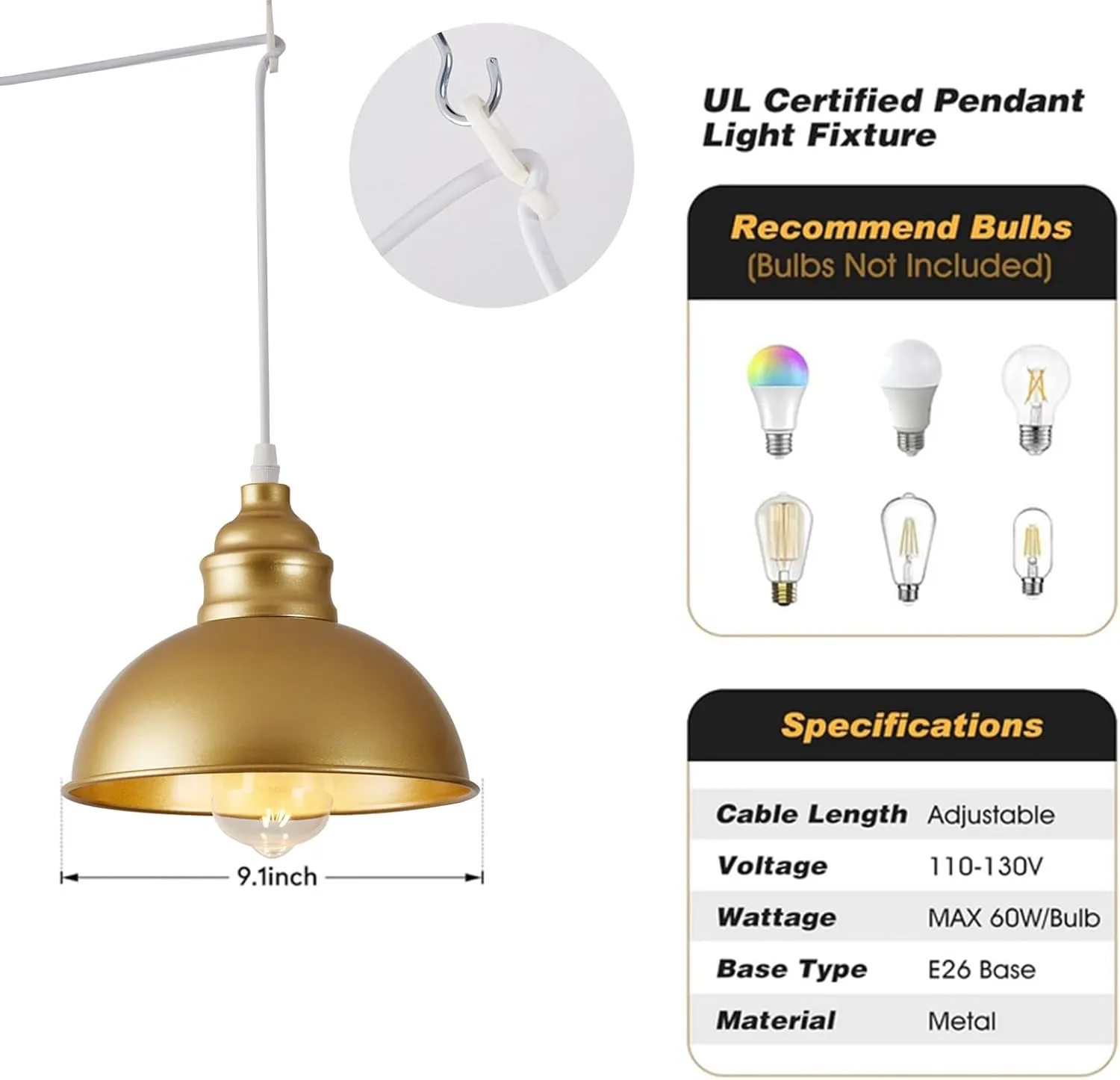 Plug in Pendant Light, 15FT Hanging Lights, On/Off Switch, Industrial Pendant Light with Plug in Cord, Metal Hanging Lamps for Living Room, Kitchen, Dining Room Gold