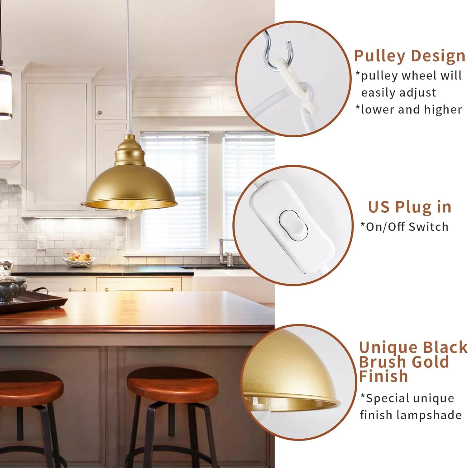 Plug in Pendant Light, 15FT Hanging Lights, On/Off Switch, Industrial Pendant Light with Plug in Cord, Metal Hanging Lamps for Living Room, Kitchen, Dining Room Gold