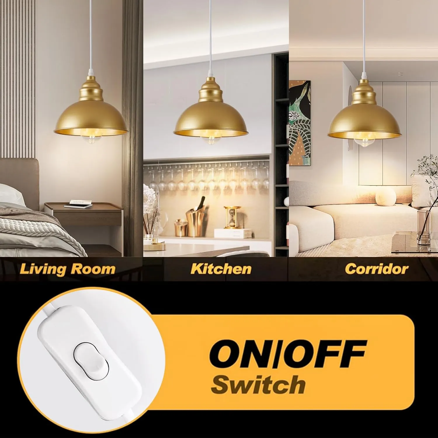 Plug in Pendant Light, 15FT Hanging Lights, On/Off Switch, Industrial Pendant Light with Plug in Cord, Metal Hanging Lamps for Living Room, Kitchen, Dining Room Gold