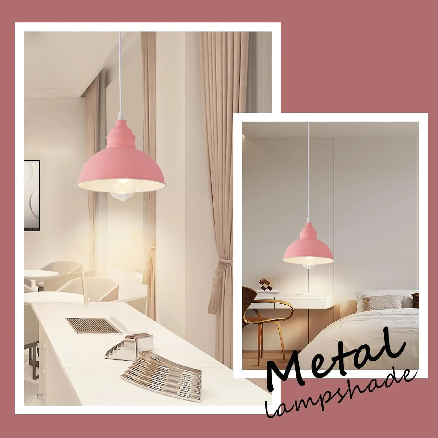 Plug in Pendant Light, 15FT Hanging Lights, On/Off Switch, Industrial Pendant Light with Plug in Cord, Metal Hanging Lamps for Living Room, Kitchen, Dining Room -Pink