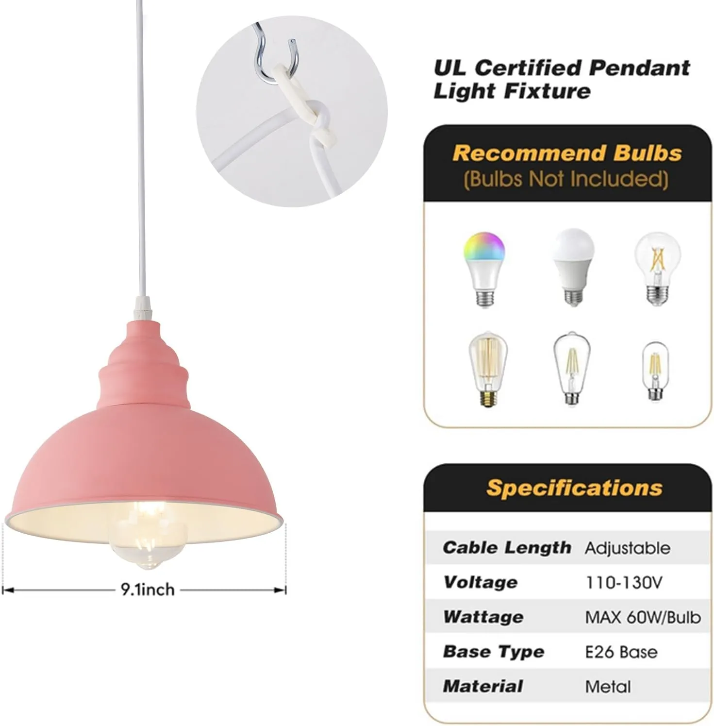 Plug in Pendant Light, 15FT Hanging Lights, On/Off Switch, Industrial Pendant Light with Plug in Cord, Metal Hanging Lamps for Living Room, Kitchen, Dining Room -Pink