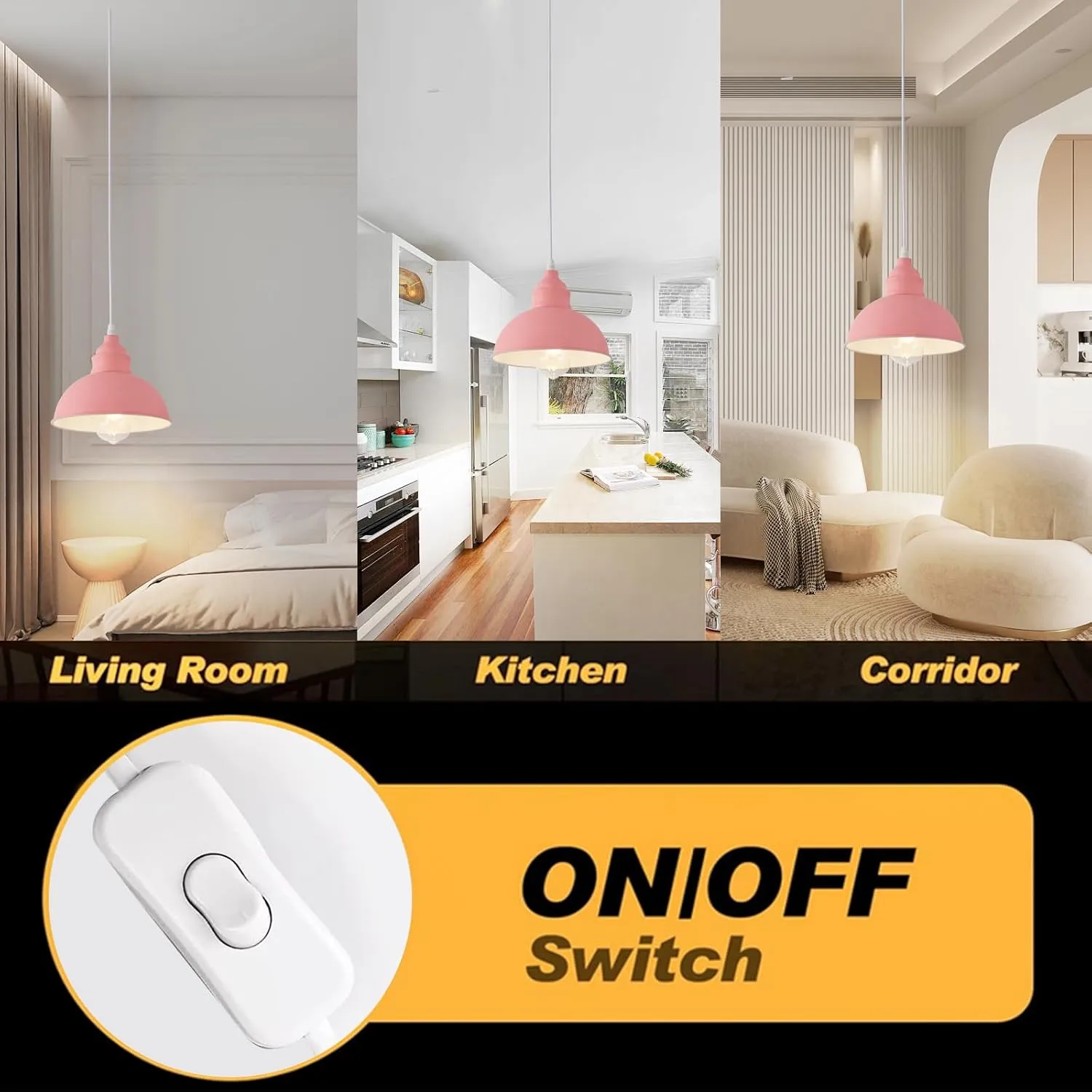 Plug in Pendant Light, 15FT Hanging Lights, On/Off Switch, Industrial Pendant Light with Plug in Cord, Metal Hanging Lamps for Living Room, Kitchen, Dining Room -Pink