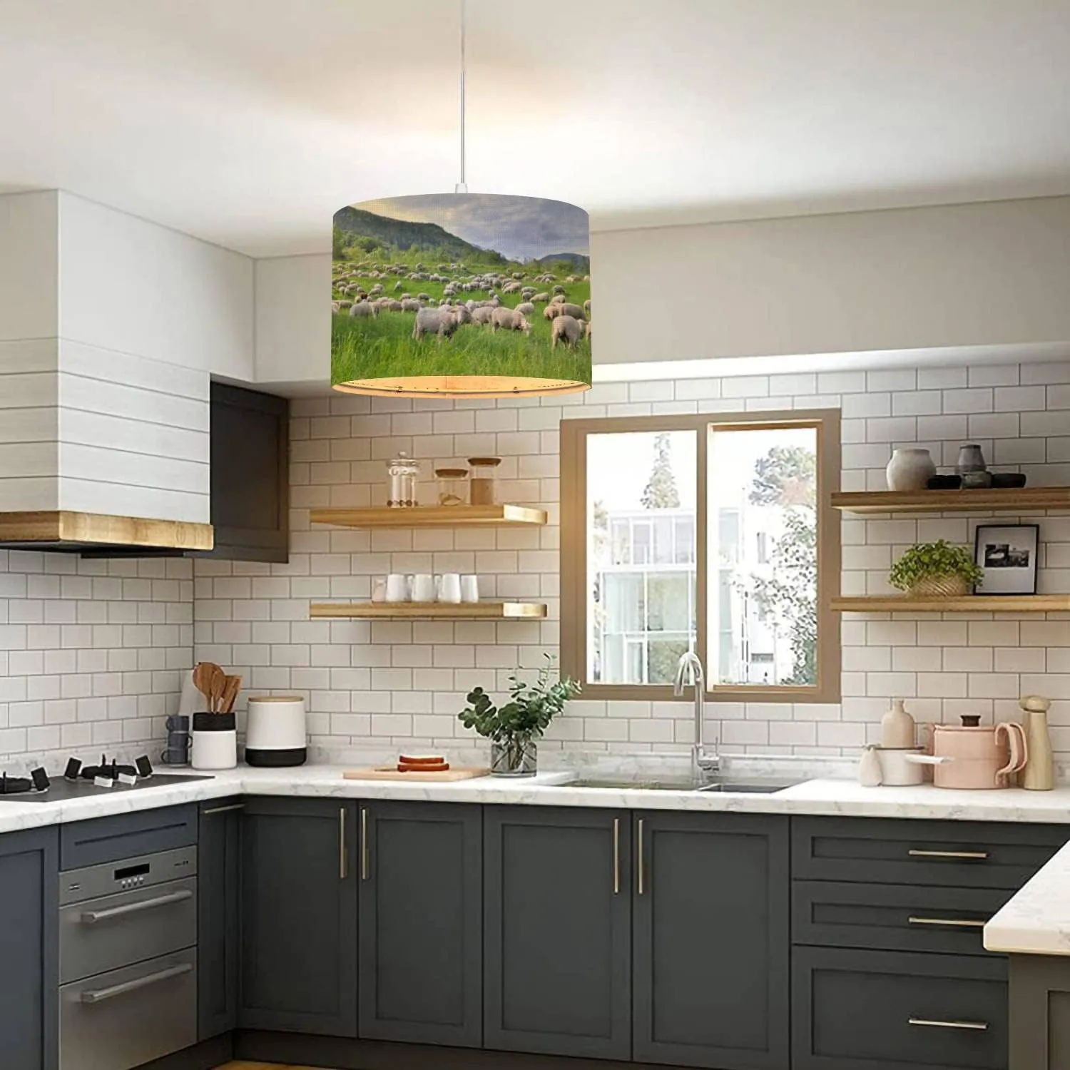 Plug in Pendant Light Flock Sheep Greenery Grassland Alpine Mountain at Spring Hanging Lamp with Plug in Clear Cord Linen Lampshade Dimmable Switch for Bedroom Living Room Light Fixtures