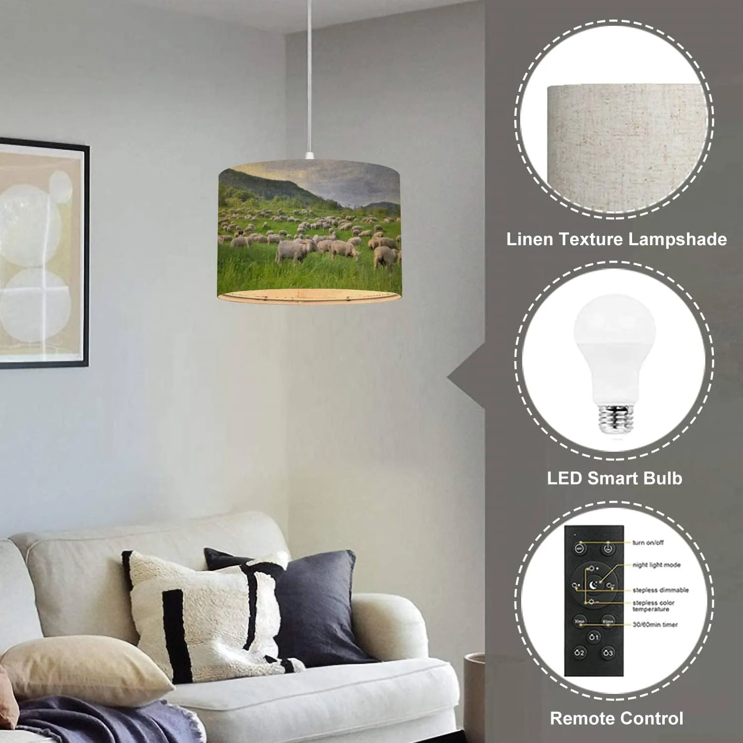 Plug in Pendant Light Flock Sheep Greenery Grassland Alpine Mountain at Spring Hanging Lamp with Plug in Clear Cord Linen Lampshade Dimmable Switch for Bedroom Living Room Light Fixtures