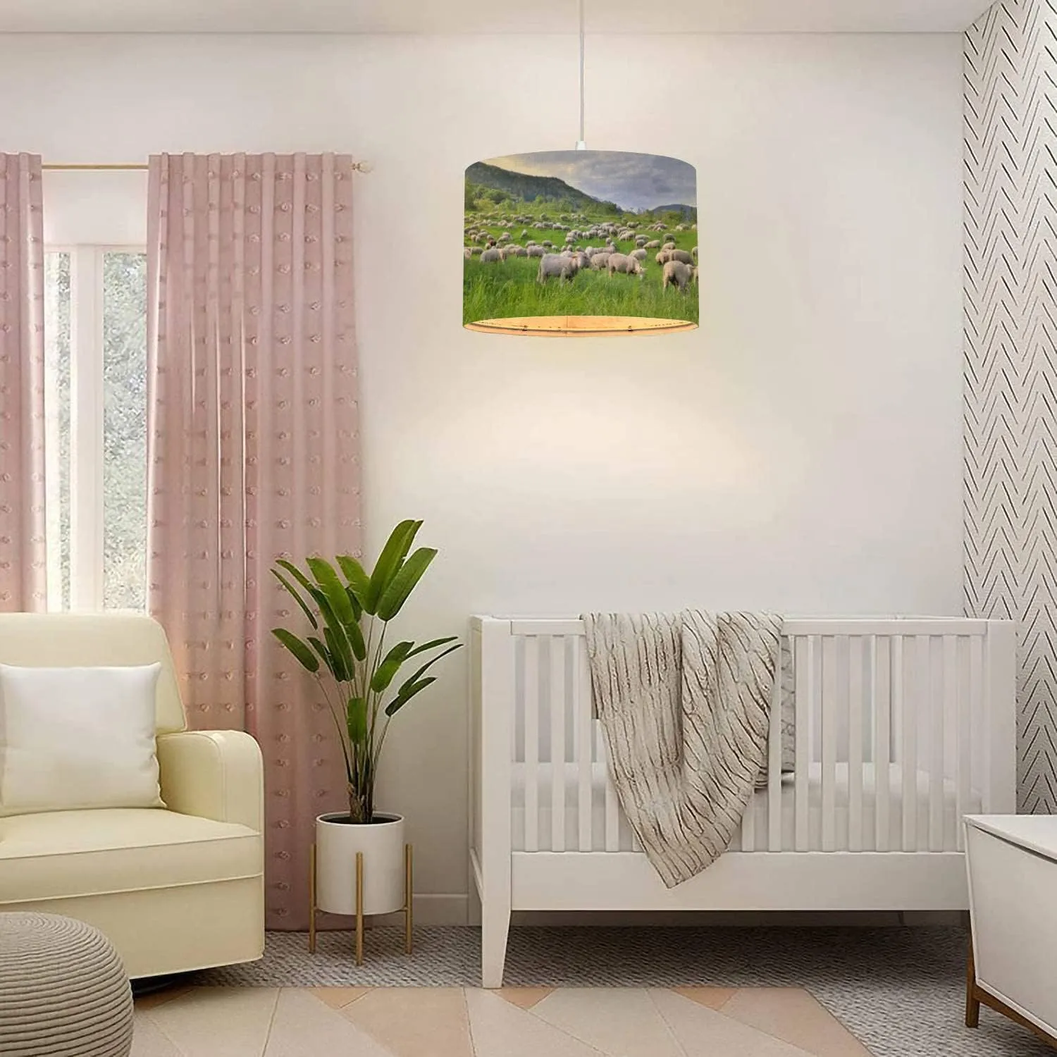 Plug in Pendant Light Flock Sheep Greenery Grassland Alpine Mountain at Spring Hanging Lamp with Plug in Clear Cord Linen Lampshade Dimmable Switch for Bedroom Living Room Light Fixtures