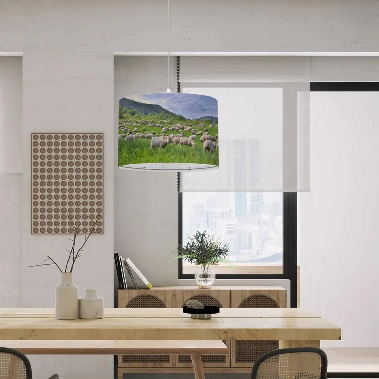Plug in Pendant Light Flock Sheep Greenery Grassland Alpine Mountain at Spring Hanging Lamp with Plug in Clear Cord Linen Lampshade Dimmable Switch for Bedroom Living Room Light Fixtures