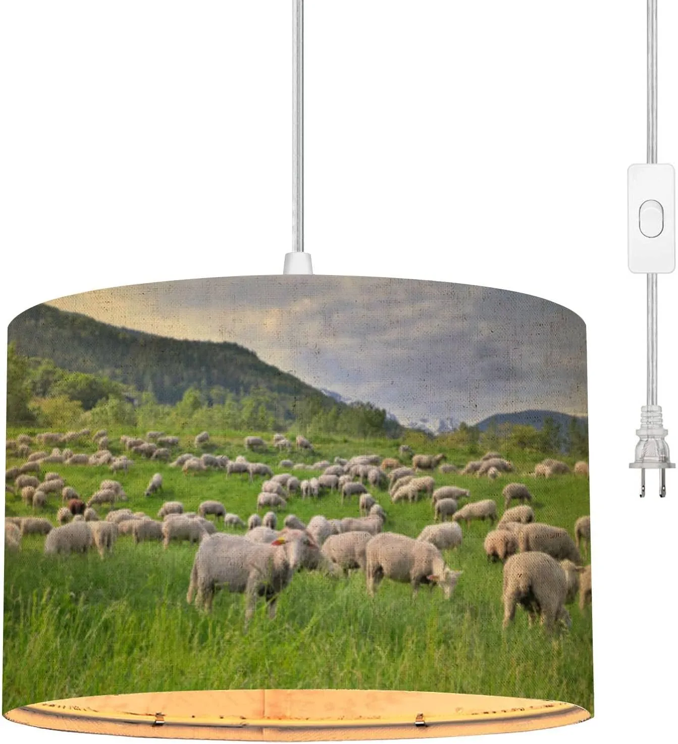 Plug in Pendant Light Flock Sheep Greenery Grassland Alpine Mountain at Spring Hanging Lamp with Plug in Clear Cord Linen Lampshade Dimmable Switch for Bedroom Living Room Light Fixtures