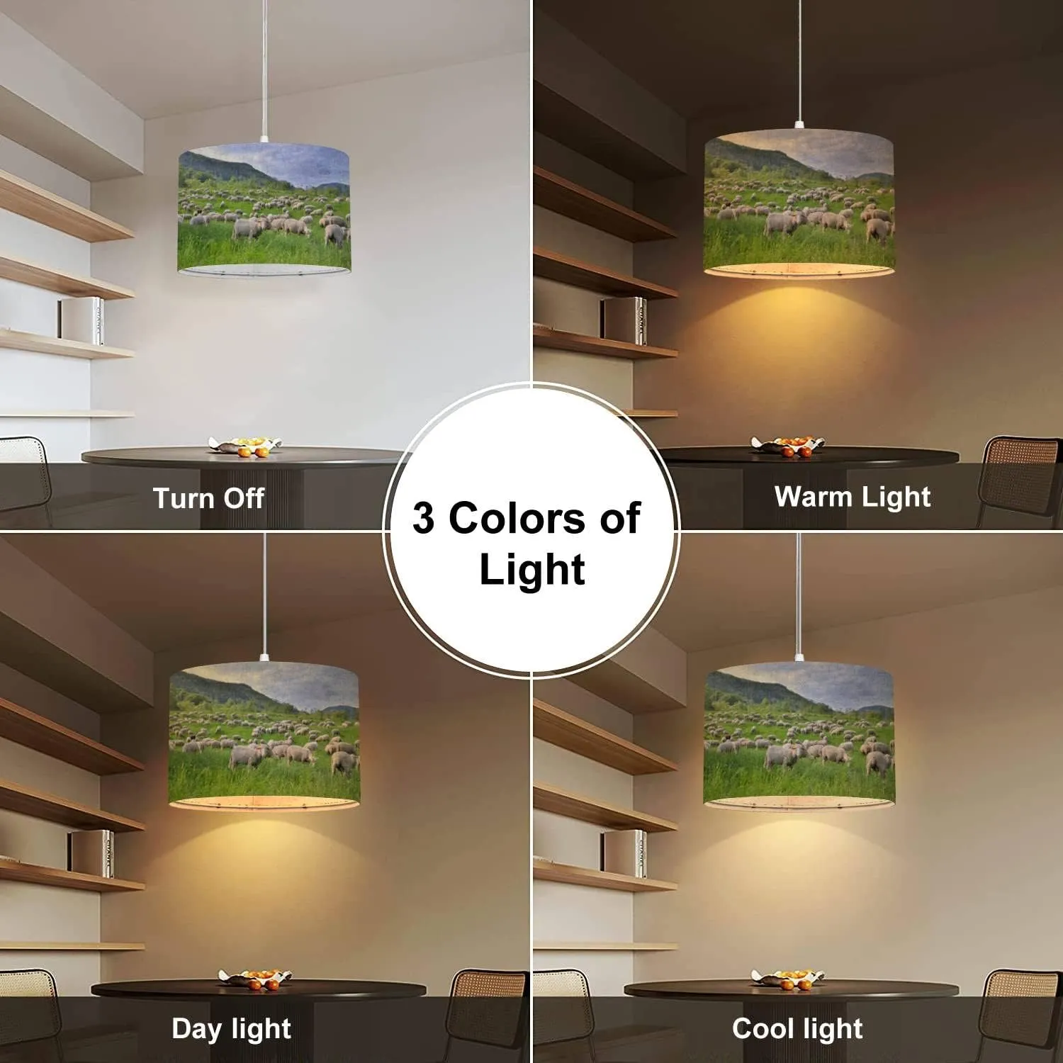 Plug in Pendant Light Flock Sheep Greenery Grassland Alpine Mountain at Spring Hanging Lamp with Plug in Clear Cord Linen Lampshade Dimmable Switch for Bedroom Living Room Light Fixtures