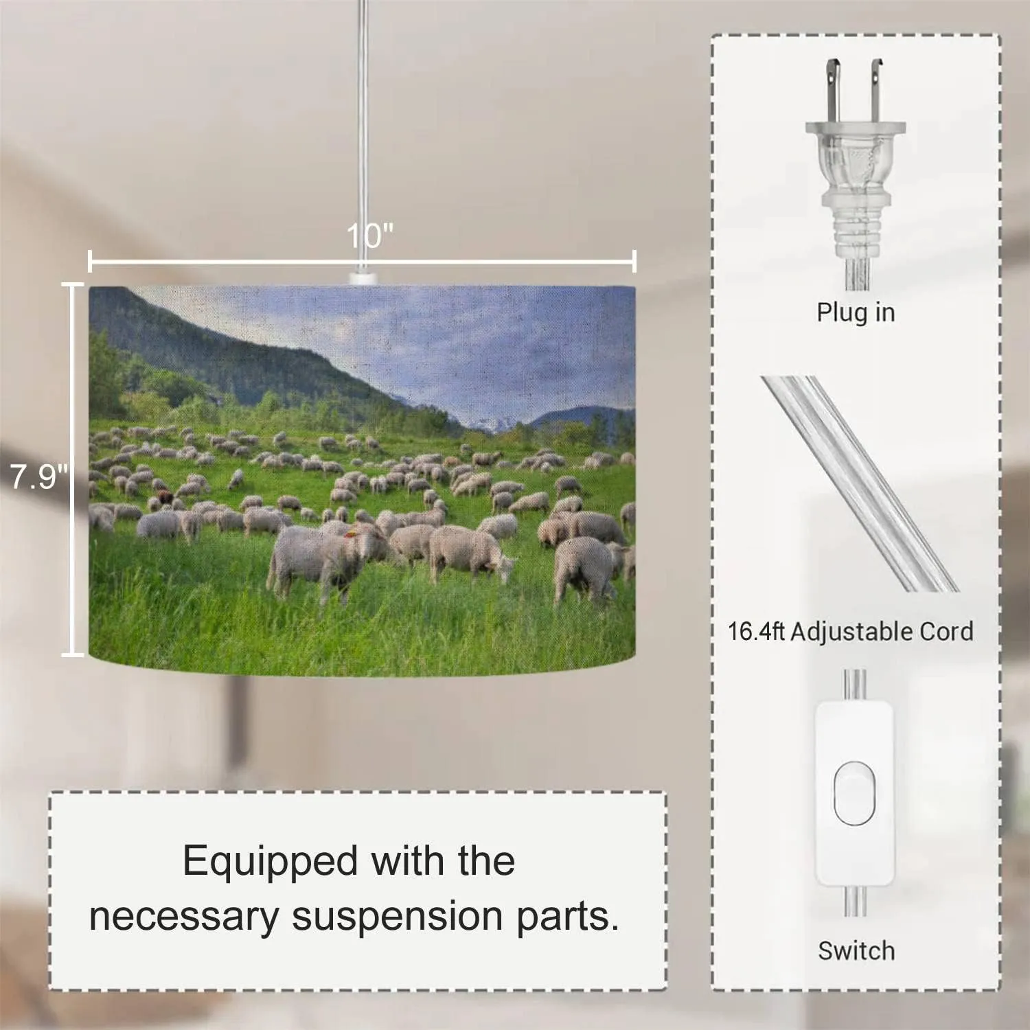 Plug in Pendant Light Flock Sheep Greenery Grassland Alpine Mountain at Spring Hanging Lamp with Plug in Clear Cord Linen Lampshade Dimmable Switch for Bedroom Living Room Light Fixtures