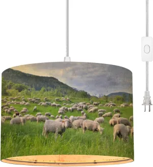 Plug in Pendant Light Flock Sheep Greenery Grassland Alpine Mountain at Spring Hanging Lamp with Plug in Clear Cord Linen Lampshade Dimmable Switch for Bedroom Living Room Light Fixtures