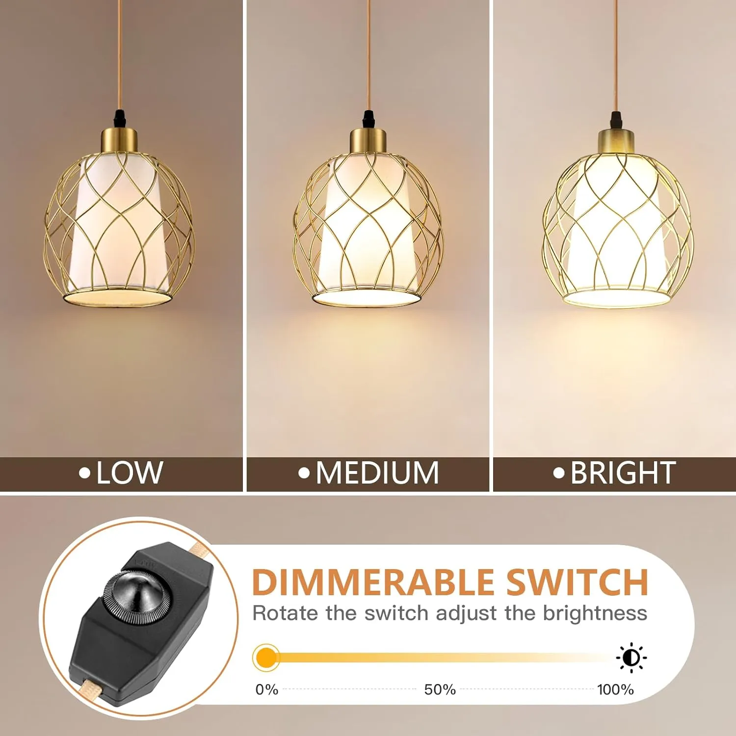 Plug-in Pendant Light, Hanging Lamp with Linen Shade, 15ft Golden Cotton Cord, Plug-in Light Fixture for Bedroom (Bulb Included)