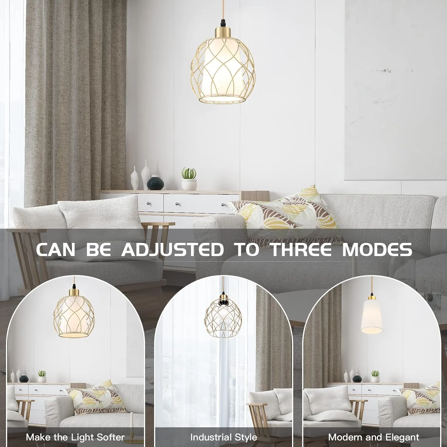 Plug-in Pendant Light, Hanging Lamp with Linen Shade, 15ft Golden Cotton Cord, Plug-in Light Fixture for Bedroom (Bulb Included)
