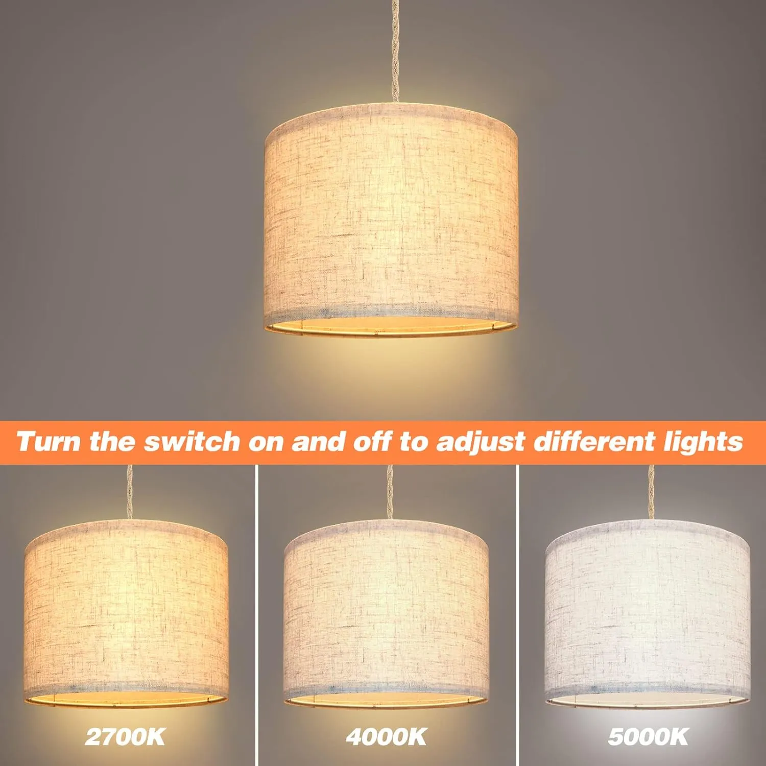 Plug in Pendant Light, Hanging Lights with Plug in Cord, Hanging Lamp with 15ft Hemp Rope, On/Off Switch, Beige Linen Shade, Light Fixture for Bedroom, Living Room, Dining Table 2 Pack