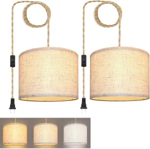 Plug in Pendant Light, Hanging Lights with Plug in Cord, Hanging Lamp with 15ft Hemp Rope, On/Off Switch, Beige Linen Shade, Light Fixture for Bedroom, Living Room, Dining Table 2 Pack