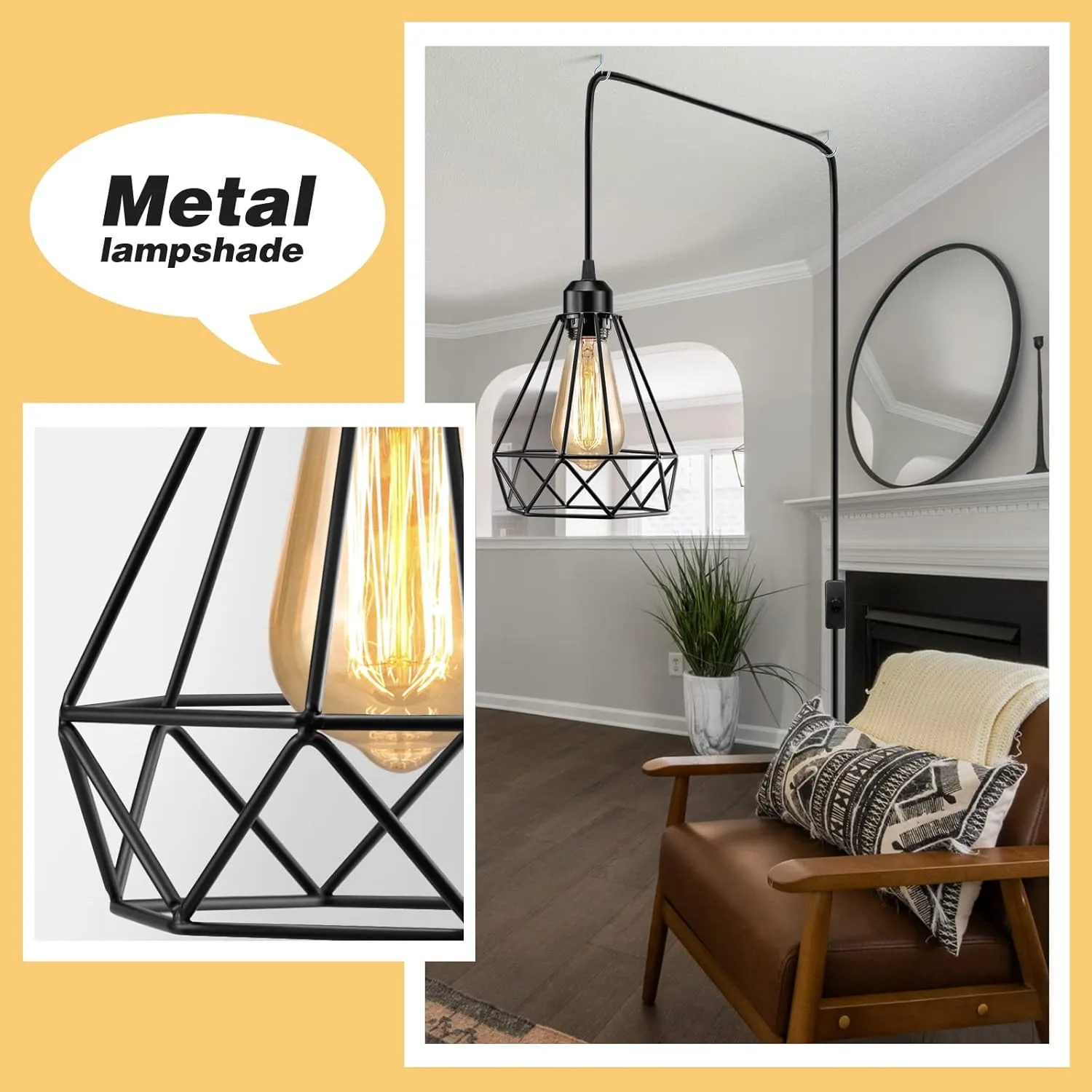 Plug in Pendant Light, Industrial Hanging Light with Plug in Cord, Black 15FT On/Off Switch Farmhouse Pendant Light, Hanging Lamps for Dining Room
