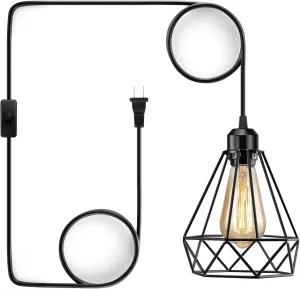 Plug in Pendant Light, Industrial Hanging Light with Plug in Cord, Black 15FT On/Off Switch Farmhouse Pendant Light, Hanging Lamps for Dining Room