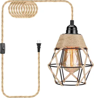 Plug in Pendant Light, Industrial Hanging Light with Plug in Cord, Hemp Rope On/Off Switch Farmhouse Pendant Light, Hanging Lamps for Dining Room