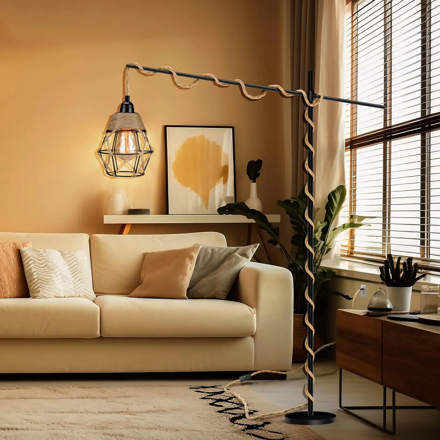 Plug in Pendant Light, Industrial Hanging Light with Plug in Cord, Hemp Rope On/Off Switch Farmhouse Pendant Light, Hanging Lamps for Dining Room