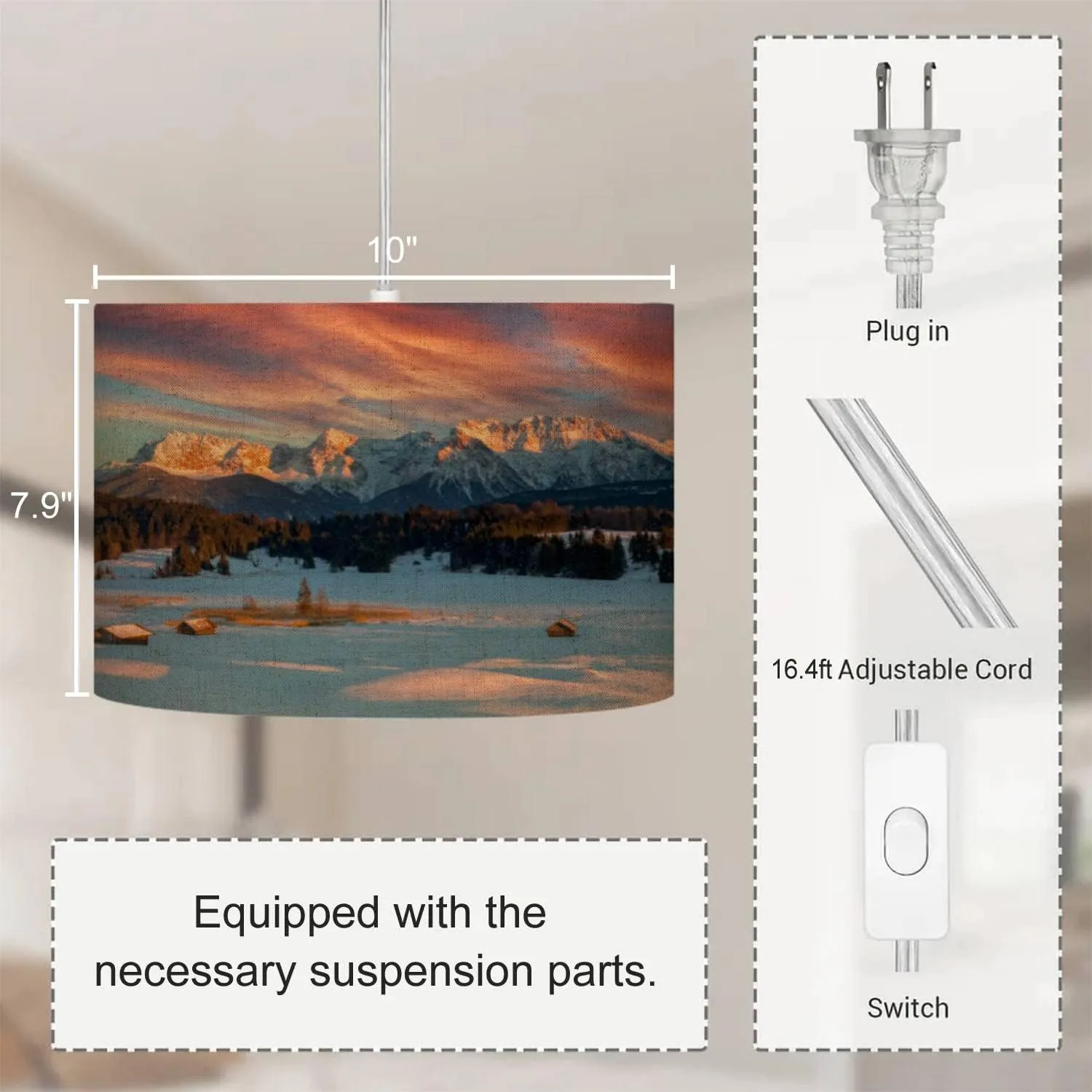 Plug in Pendant Light Magic Sunrise at Alpine Lake Geroldsee view to mount Karwendel Hanging Lamp with Plug in Clear Cord Linen Lampshade Dimmable Switch for Bedroom Living Room Light Fixtures