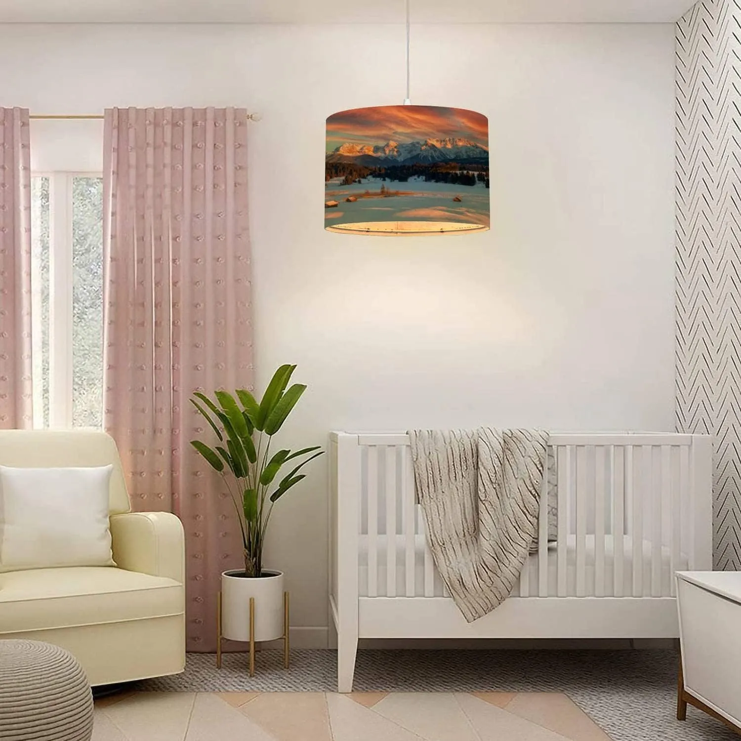 Plug in Pendant Light Magic Sunrise at Alpine Lake Geroldsee view to mount Karwendel Hanging Lamp with Plug in Clear Cord Linen Lampshade Dimmable Switch for Bedroom Living Room Light Fixtures