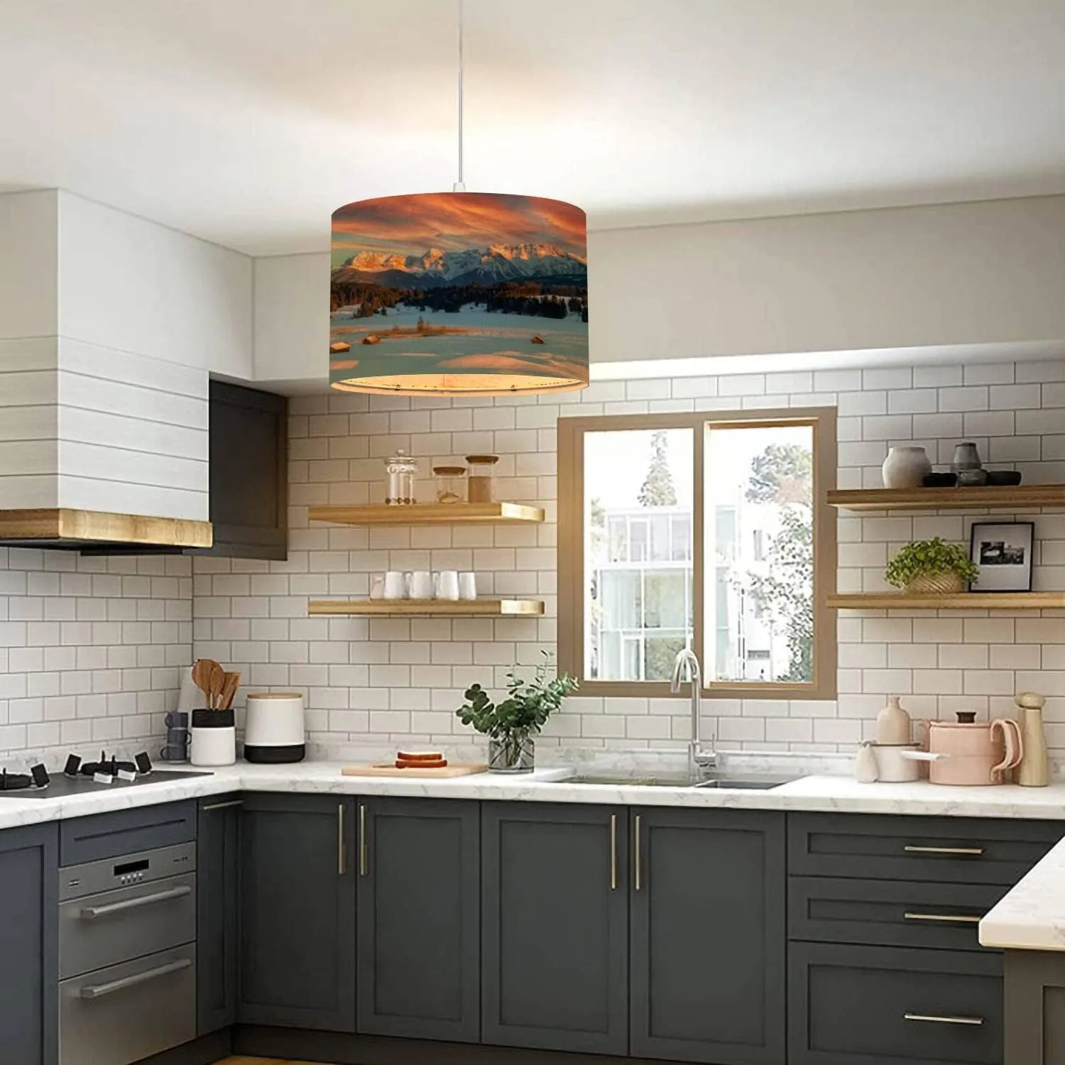 Plug in Pendant Light Magic Sunrise at Alpine Lake Geroldsee view to mount Karwendel Hanging Lamp with Plug in Clear Cord Linen Lampshade Dimmable Switch for Bedroom Living Room Light Fixtures