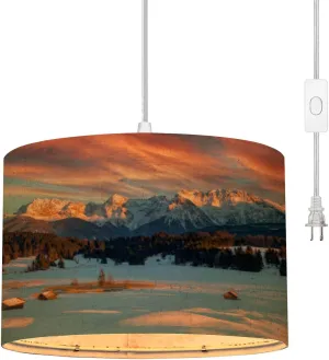 Plug in Pendant Light Magic Sunrise at Alpine Lake Geroldsee view to mount Karwendel Hanging Lamp with Plug in Clear Cord Linen Lampshade Dimmable Switch for Bedroom Living Room Light Fixtures