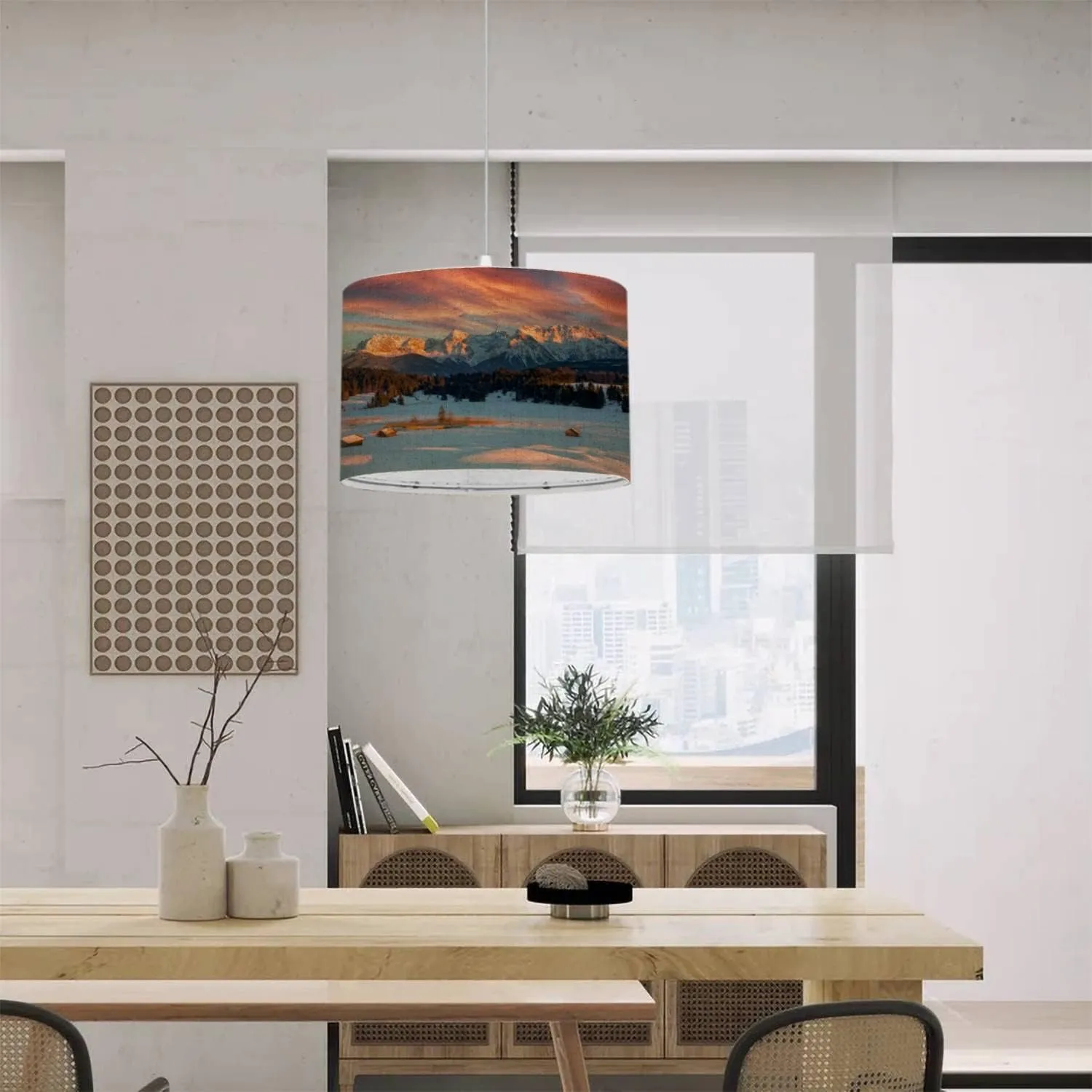Plug in Pendant Light Magic Sunrise at Alpine Lake Geroldsee view to mount Karwendel Hanging Lamp with Plug in Clear Cord Linen Lampshade Dimmable Switch for Bedroom Living Room Light Fixtures