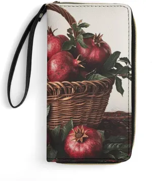 Pomegranates in Basket Leather Wallet for Men Women Slim Vertical Purse Long Wallet with Zipper Card Holder