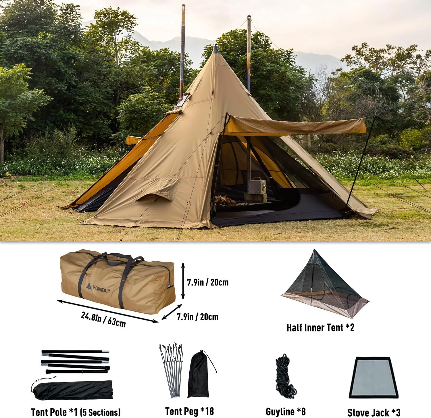 POMOLY Tipi Tent Camping Hot Tent, Bromance 70 Stove Tent for 2-4 Person