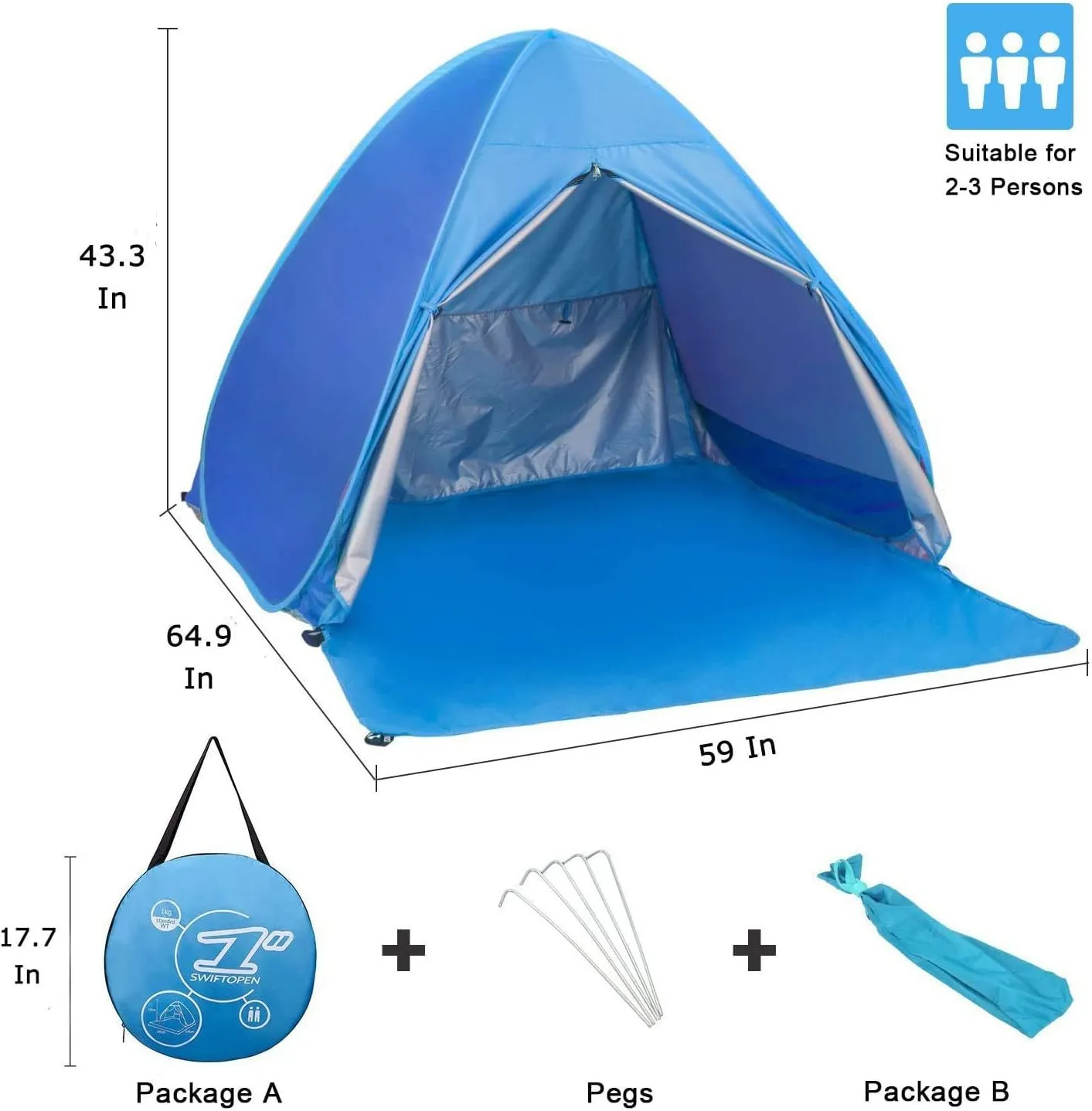 Pop Up Beach Tent Shade Sun Shelter UPF 50  Canopy Cabana 2-3 Person for Adults Baby Kids Outdoor Activities Camping Fishing Hiking Picnic Touring (Blue)